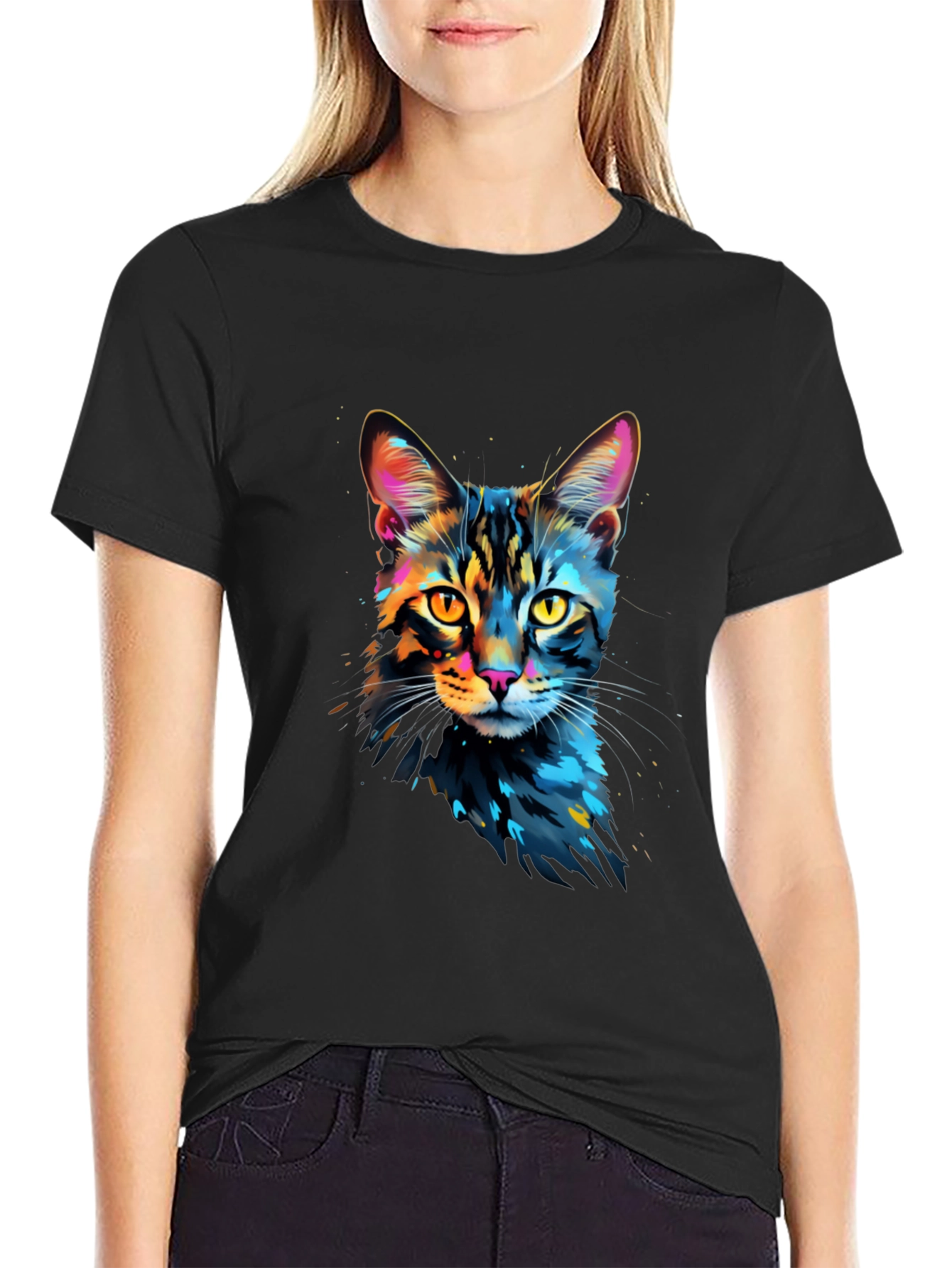 Black Colorful Cat Graphic Black T-Shirt view 2