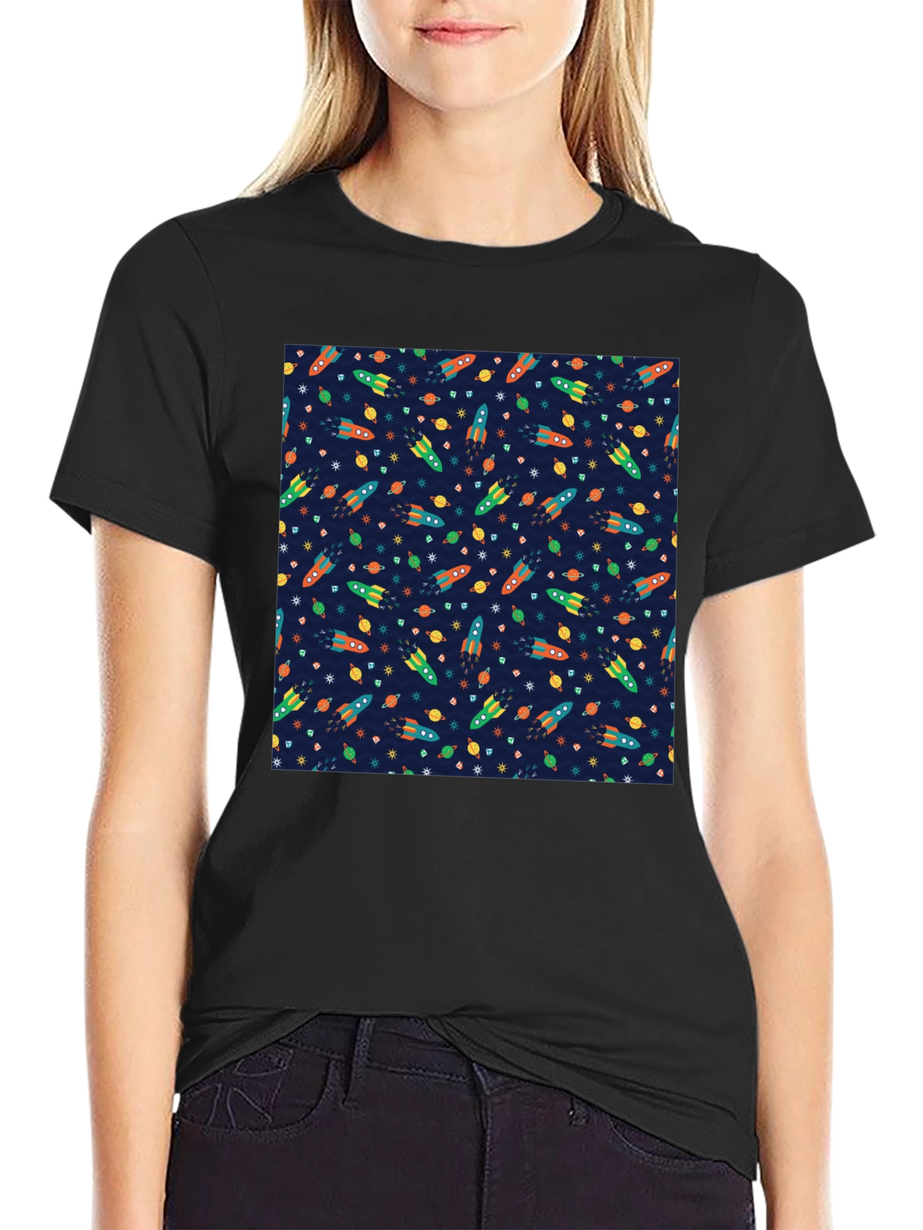 Black Space Rocket Pattern T-Shirt view 2