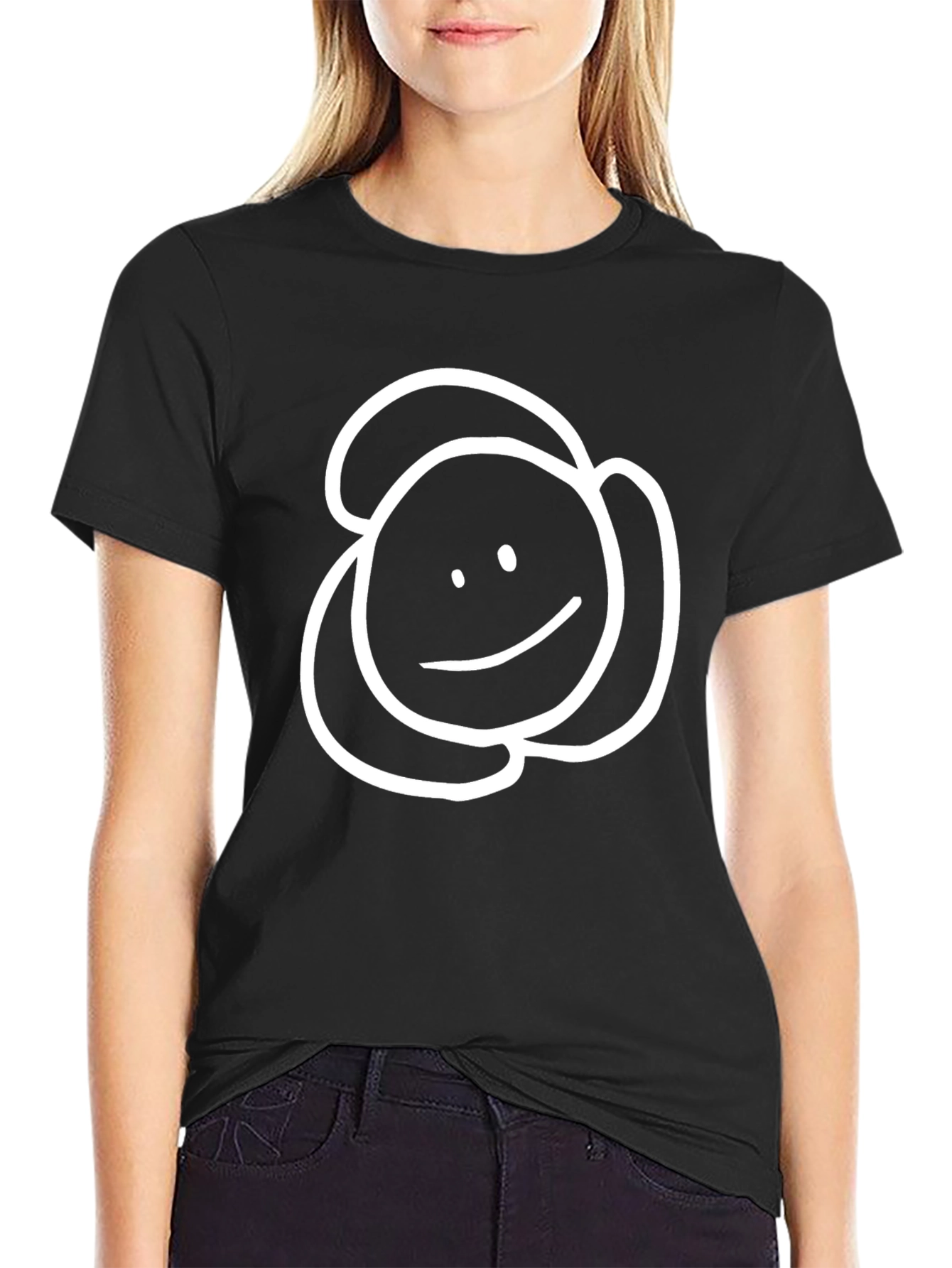 Black Simple Smiley Face Tee - Black Cotton Casual Wear view 2
