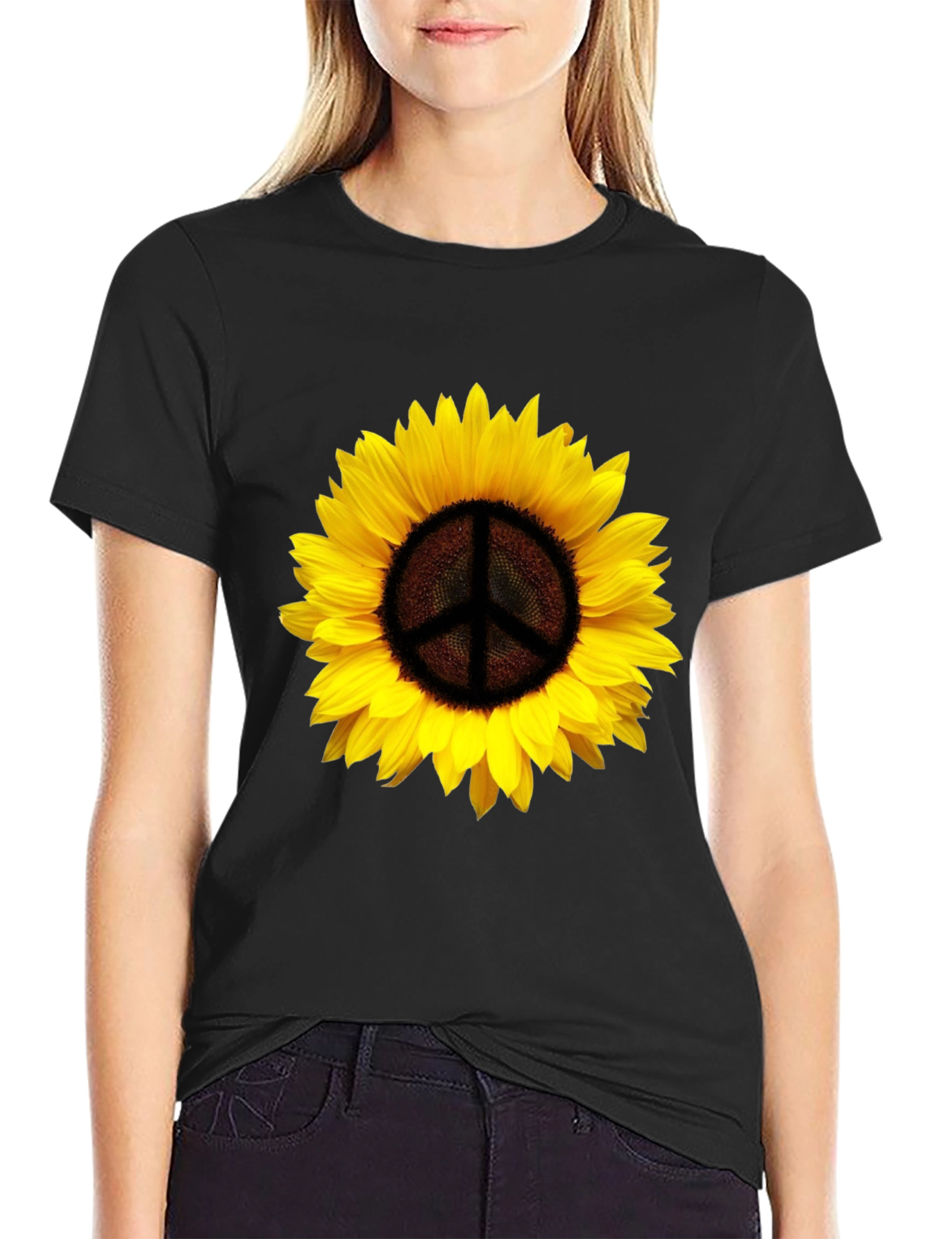 Black Sunflower Peace Sign Graphic T-Shirt - Black view 2