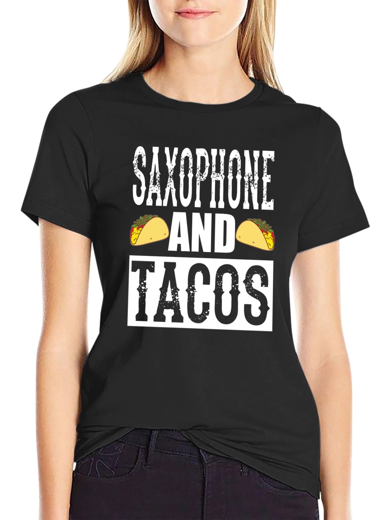Black Saxophone and Tacos Graphic Tee - Novelty Black T-Shirt view 2