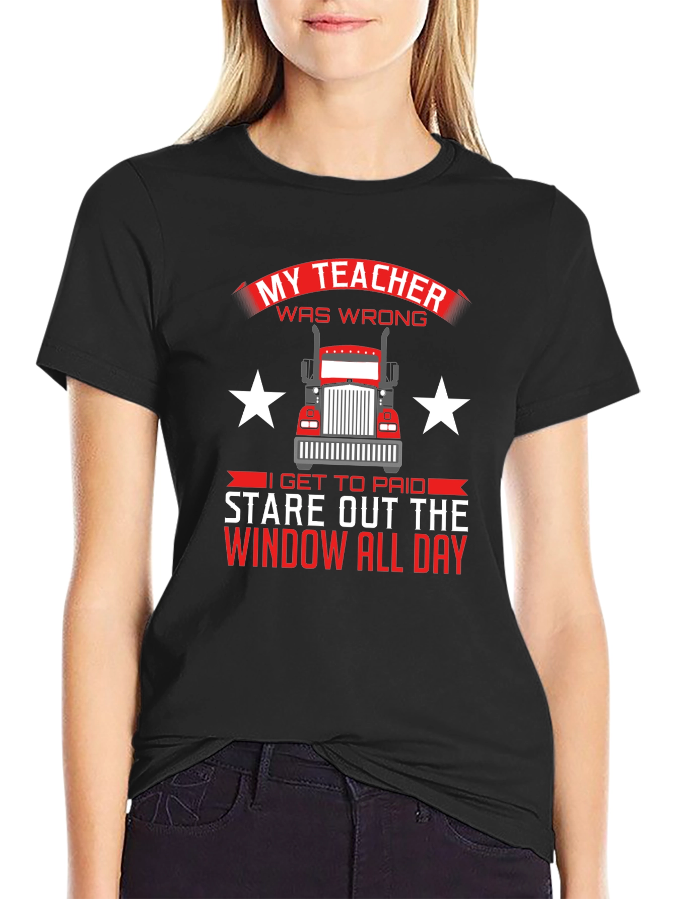 Black Trucker T-Shirt: My Teacher Was Wrong Stare Out Window All Day view 2