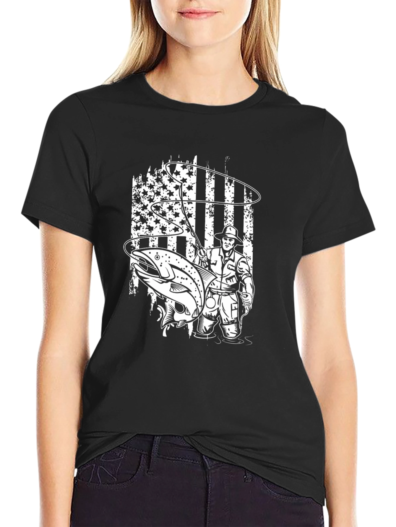 Black Fishing American Flag Graphic Tee view 2