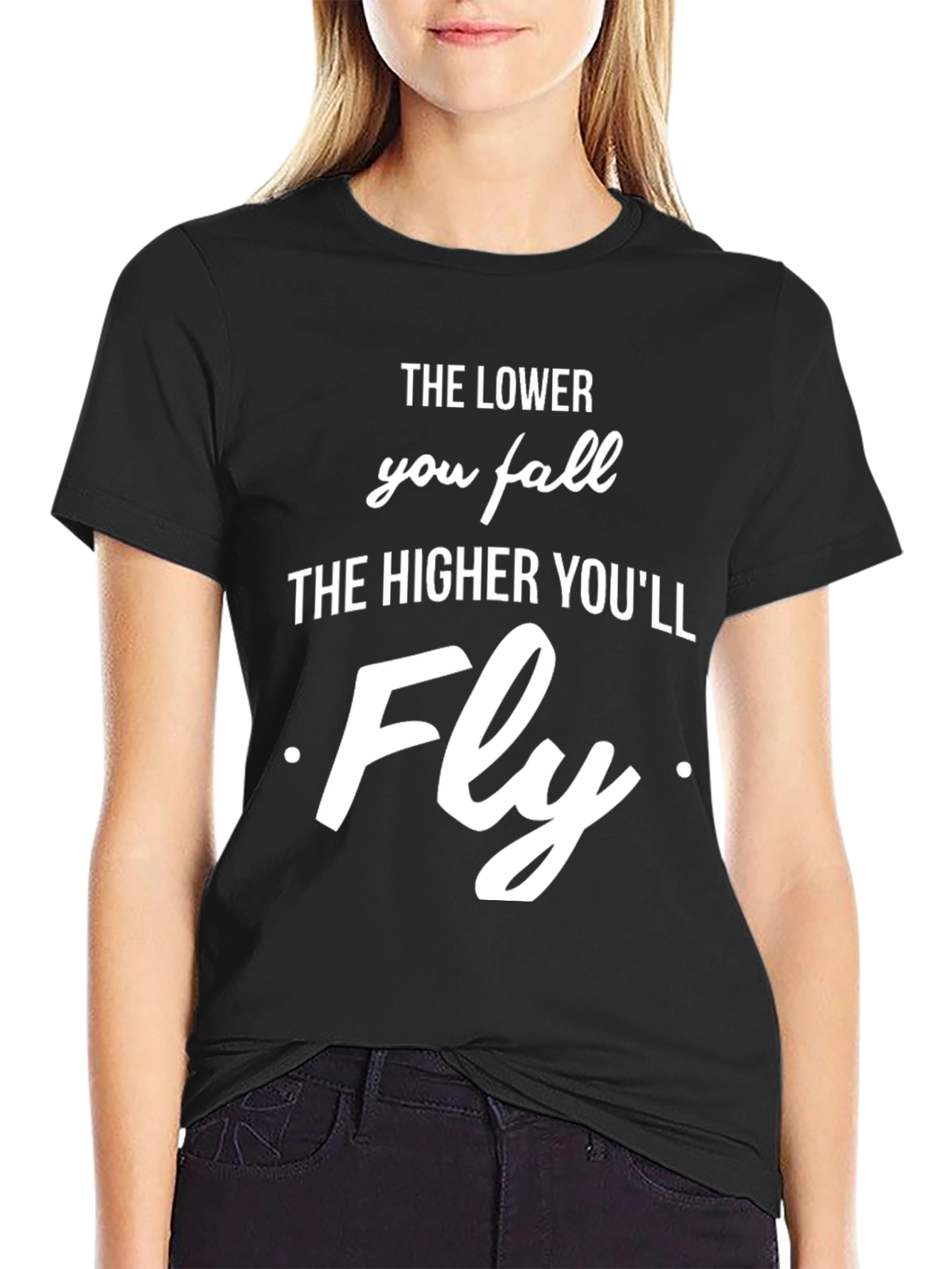 Black Inspirational Graphic T-Shirt - The Lower You Fall view 2