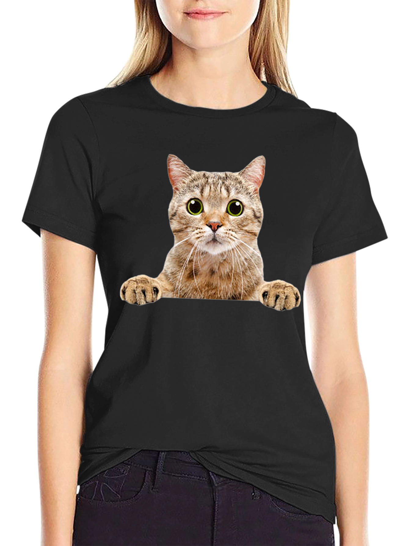 Black Cat Peeking T-Shirt - Novelty Animal Graphic Tee view 2