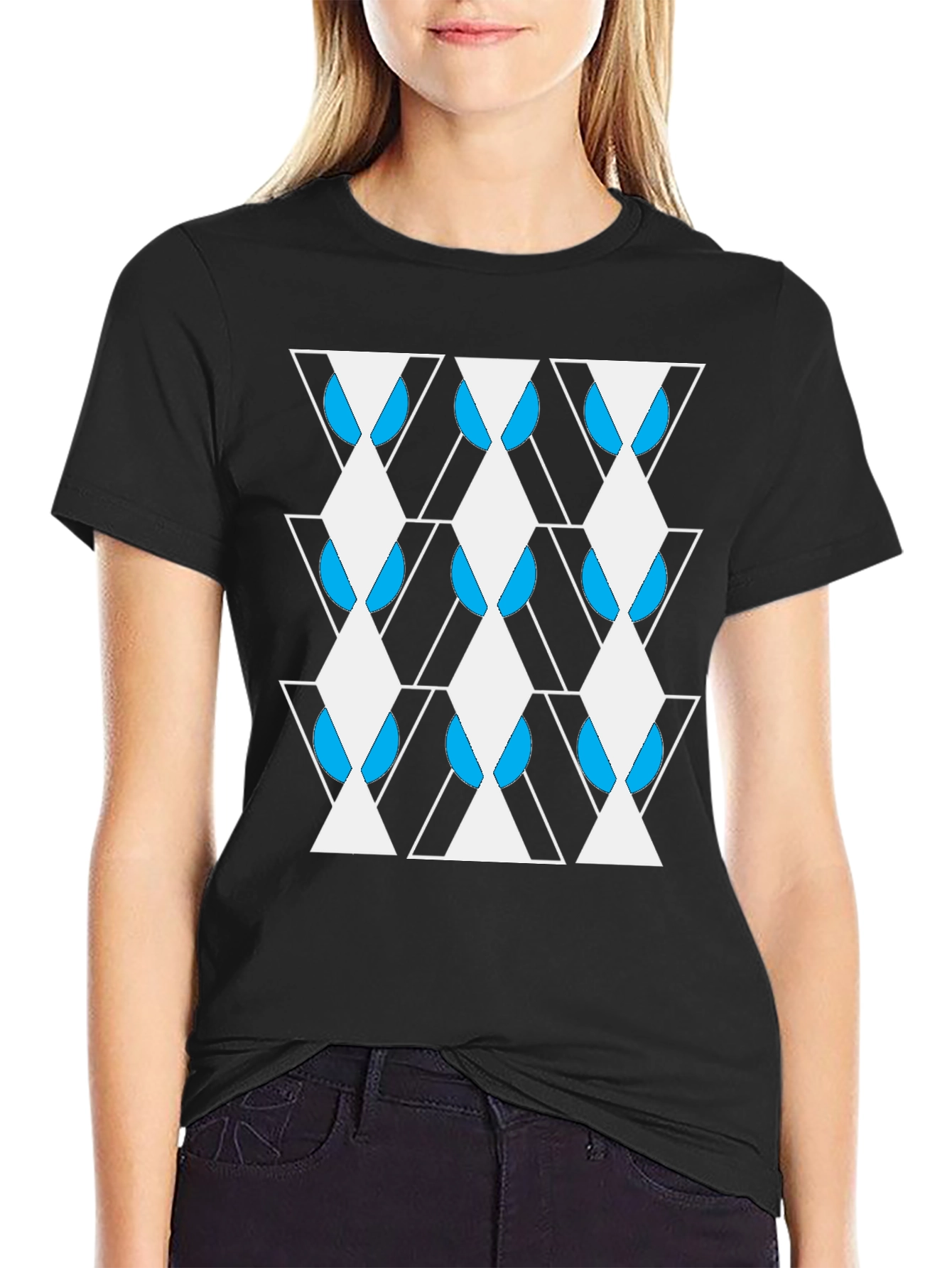 Black Geometric Print Crew Neck T-Shirt view 2