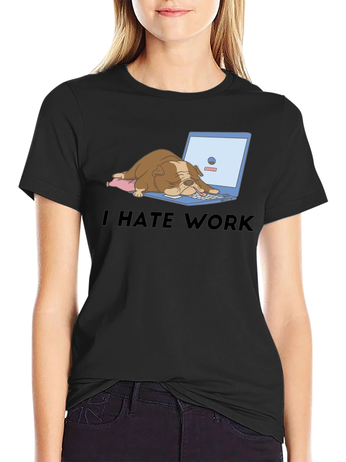Black I Hate Work T-Shirt - Bulldog Laptop Graphic Tee view 2