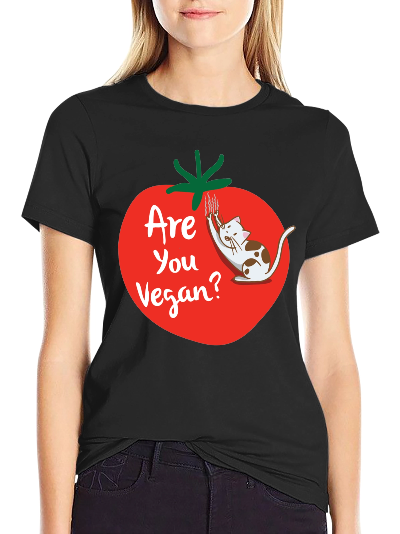 Black Funny Vegan T-Shirt - Cat and Tomato Design view 2