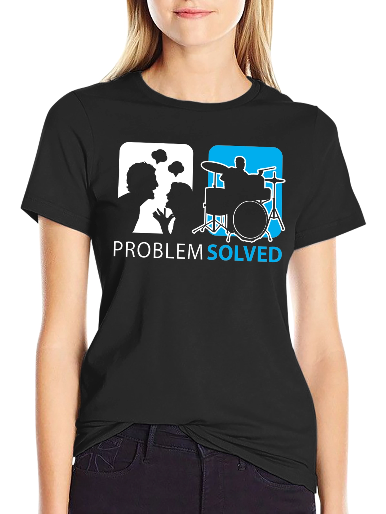 Black Problem Solved Drummer T-Shirt - Funny Music Tee view 2