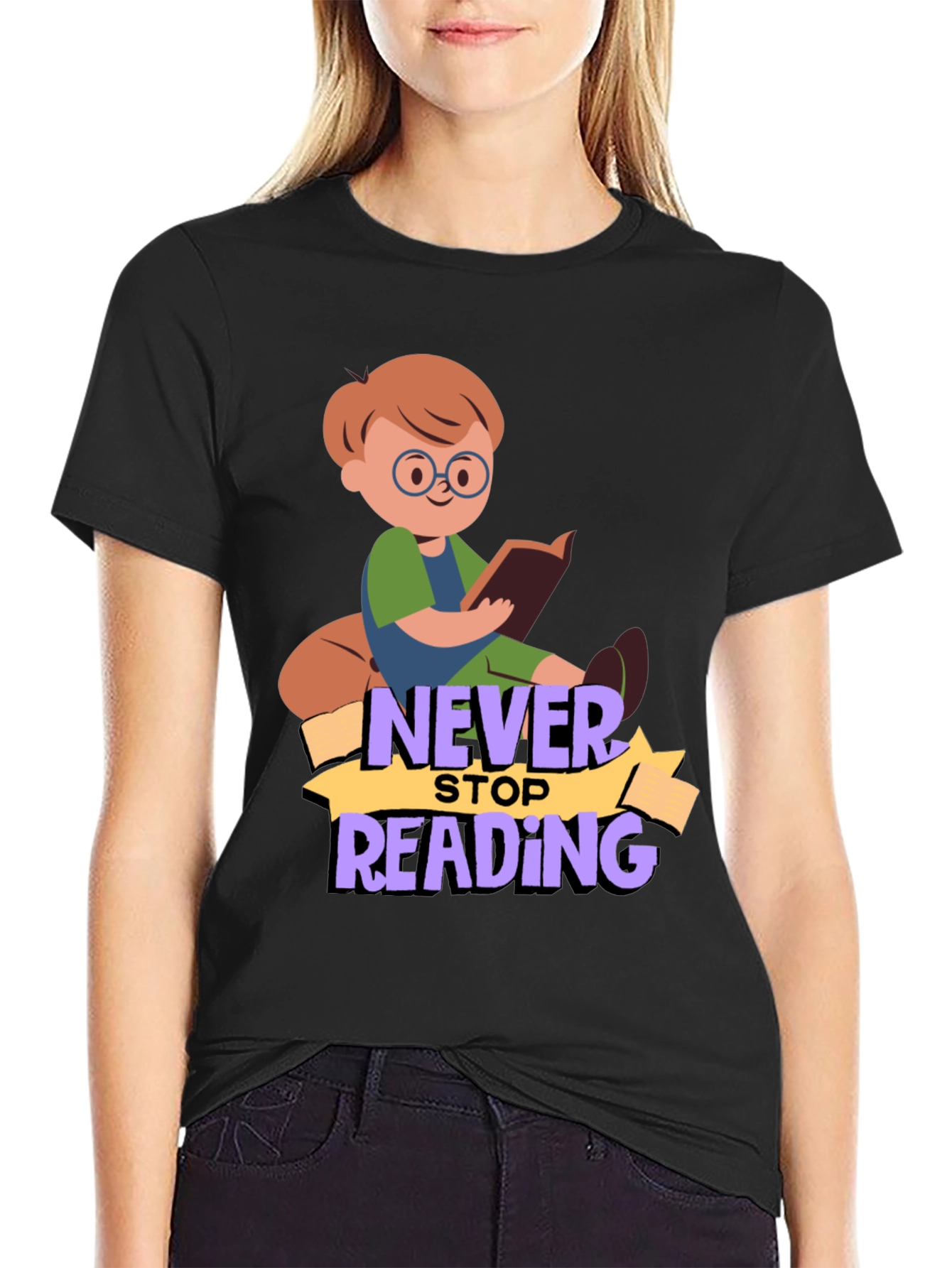 Black Never Stop Reading Graphic T-Shirt view 2