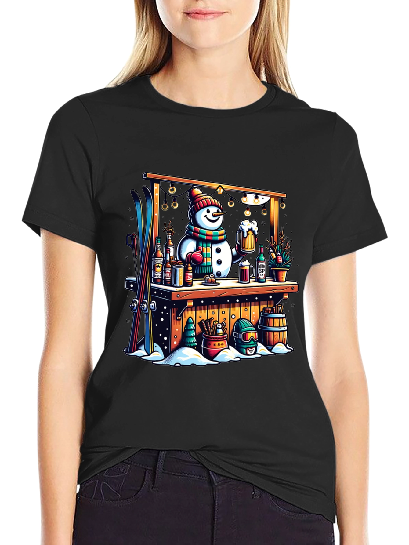 Black Snowman Bar Winter T-Shirt view 2