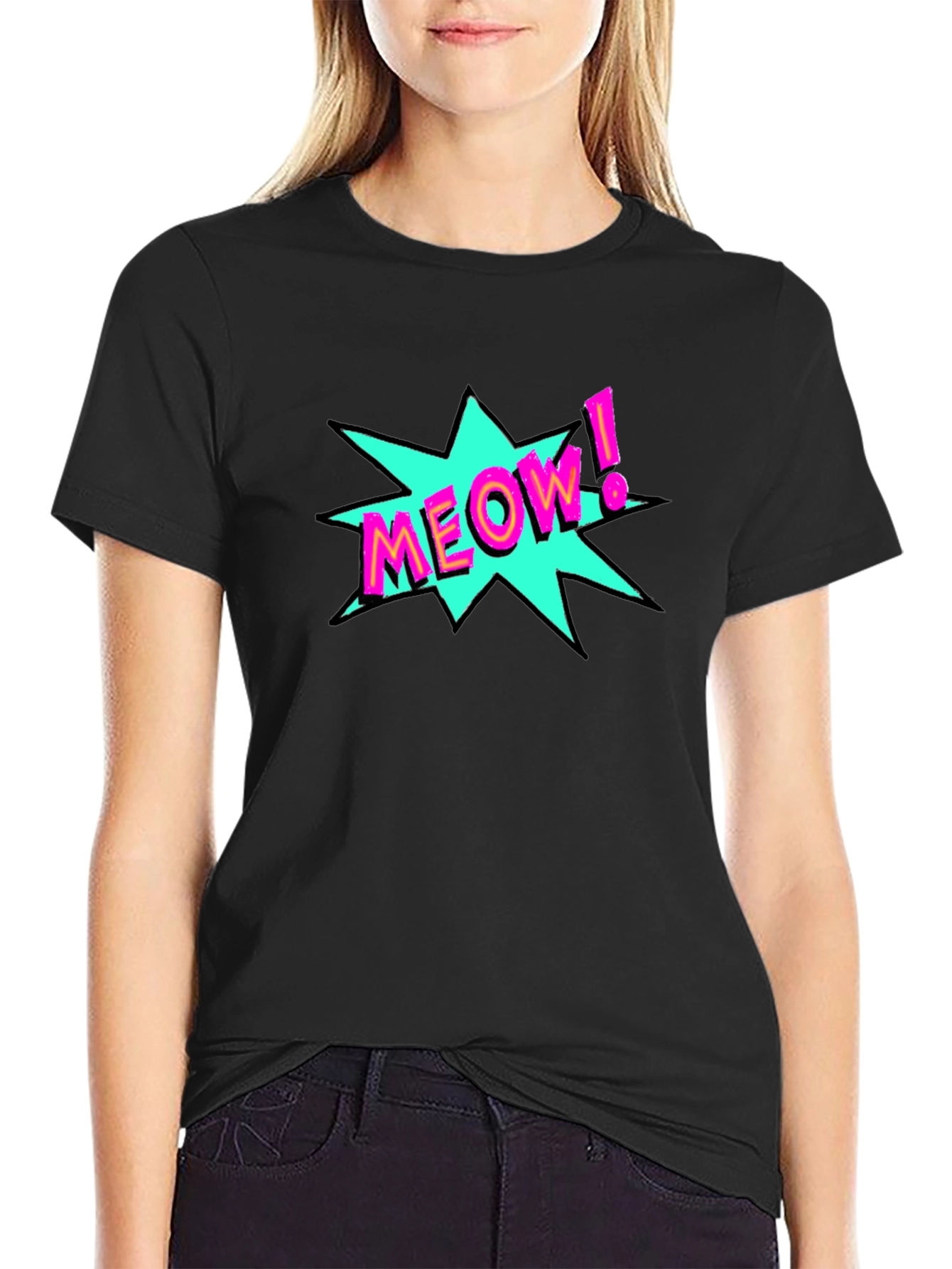 Black Meow! Pop Art Graphic Print Black T-Shirt view 2