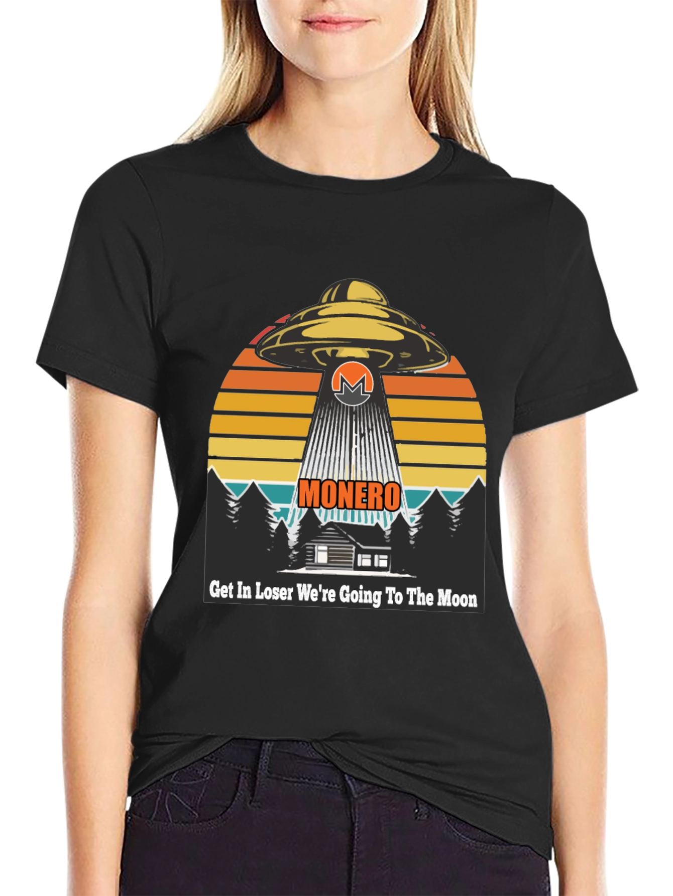 Black Monero UFO Abduction T-Shirt - Crypto to the Moon! view 2
