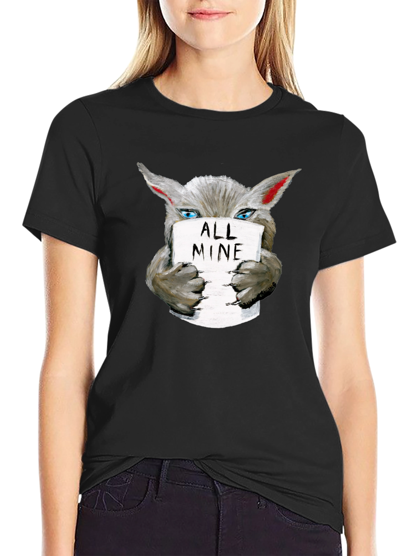 Black All Mine Wolf Graphic Tee - Trendy Crew Neck T-Shirt view 2