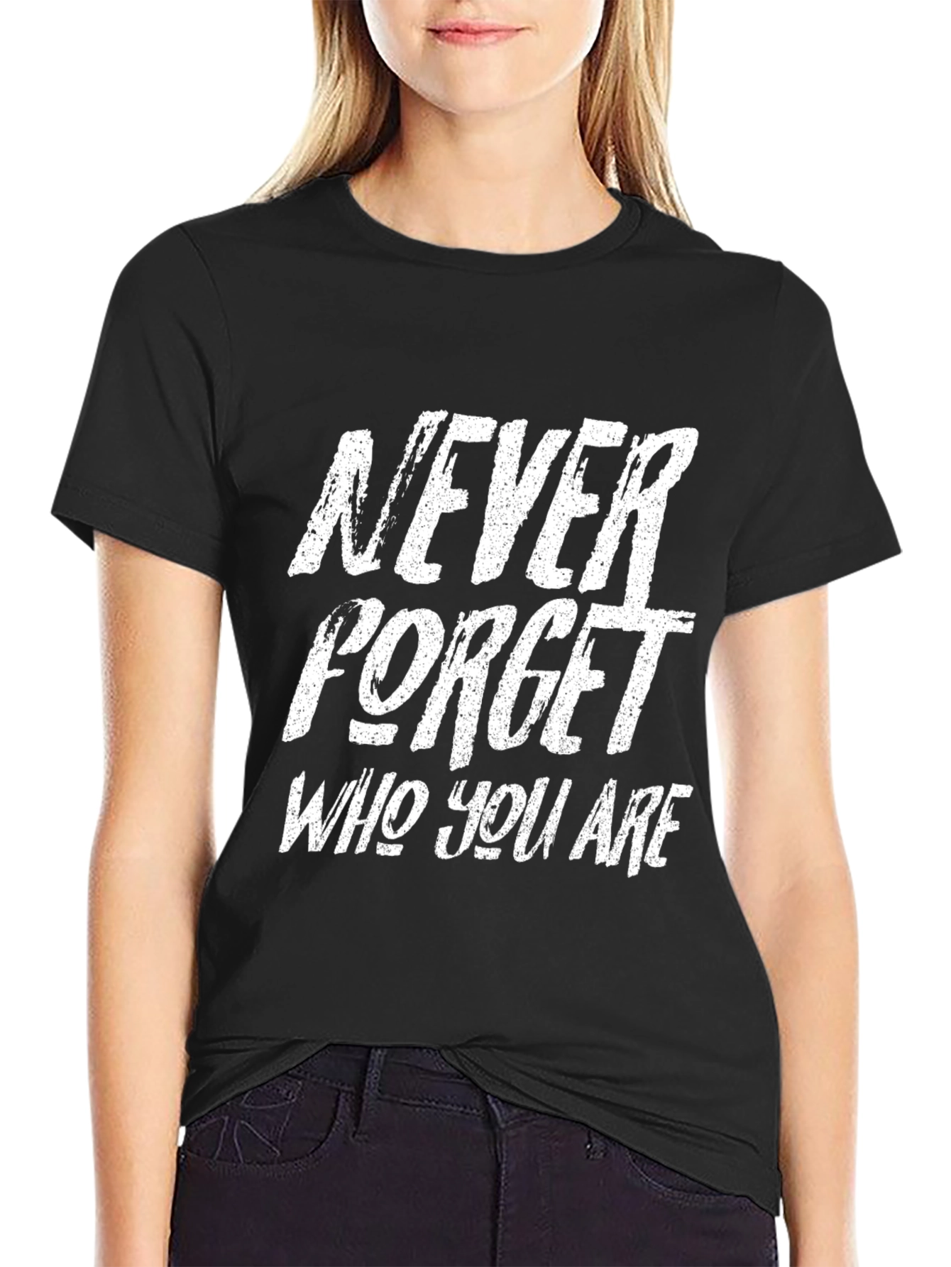 Black Motivational "Never Forget Who You Are" Black T-Shirt view 2