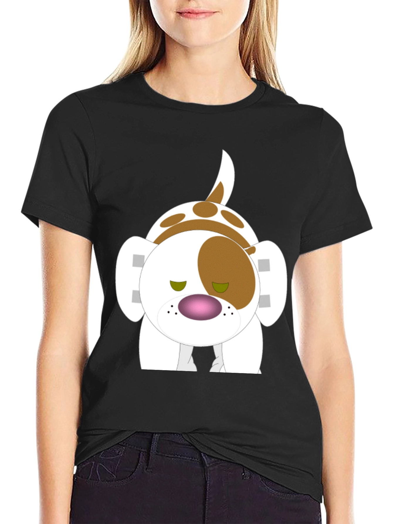 Black Cartoon Dog Print T-Shirt - Soft Cotton Tee view 2