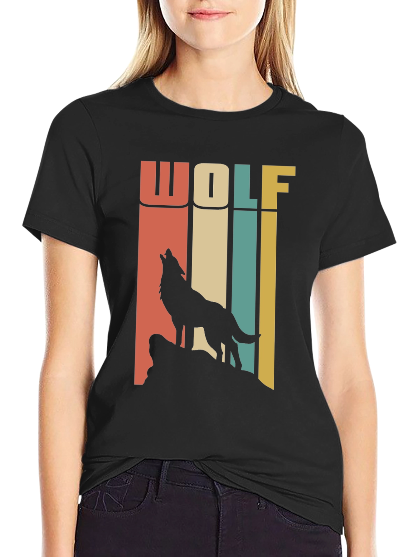 Black Retro Wolf T-Shirt - Vintage Style Graphic Tee view 2