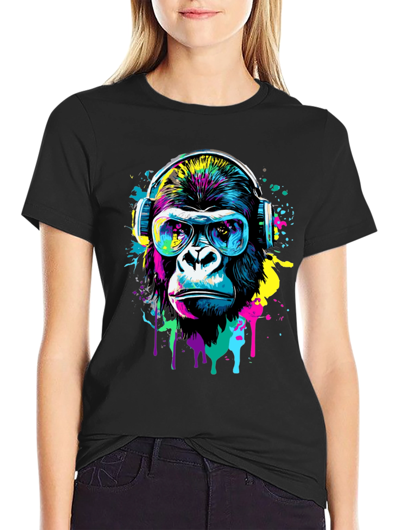 Black Cool Gorilla Graphic Tee - Funky Animal Print Shirt view 2