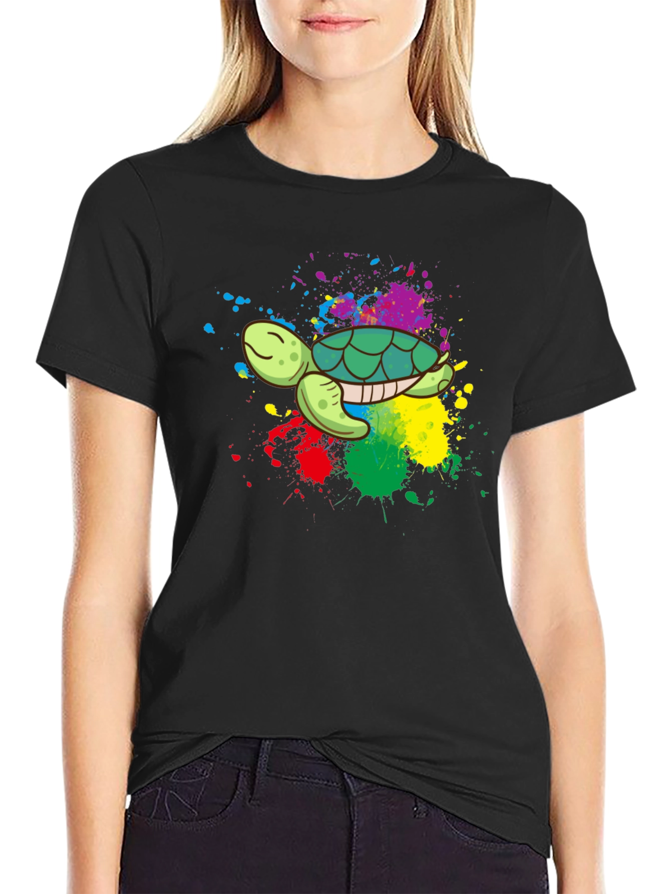 Black Colorful Turtle Graphic Tee - Black Cotton Blend view 2