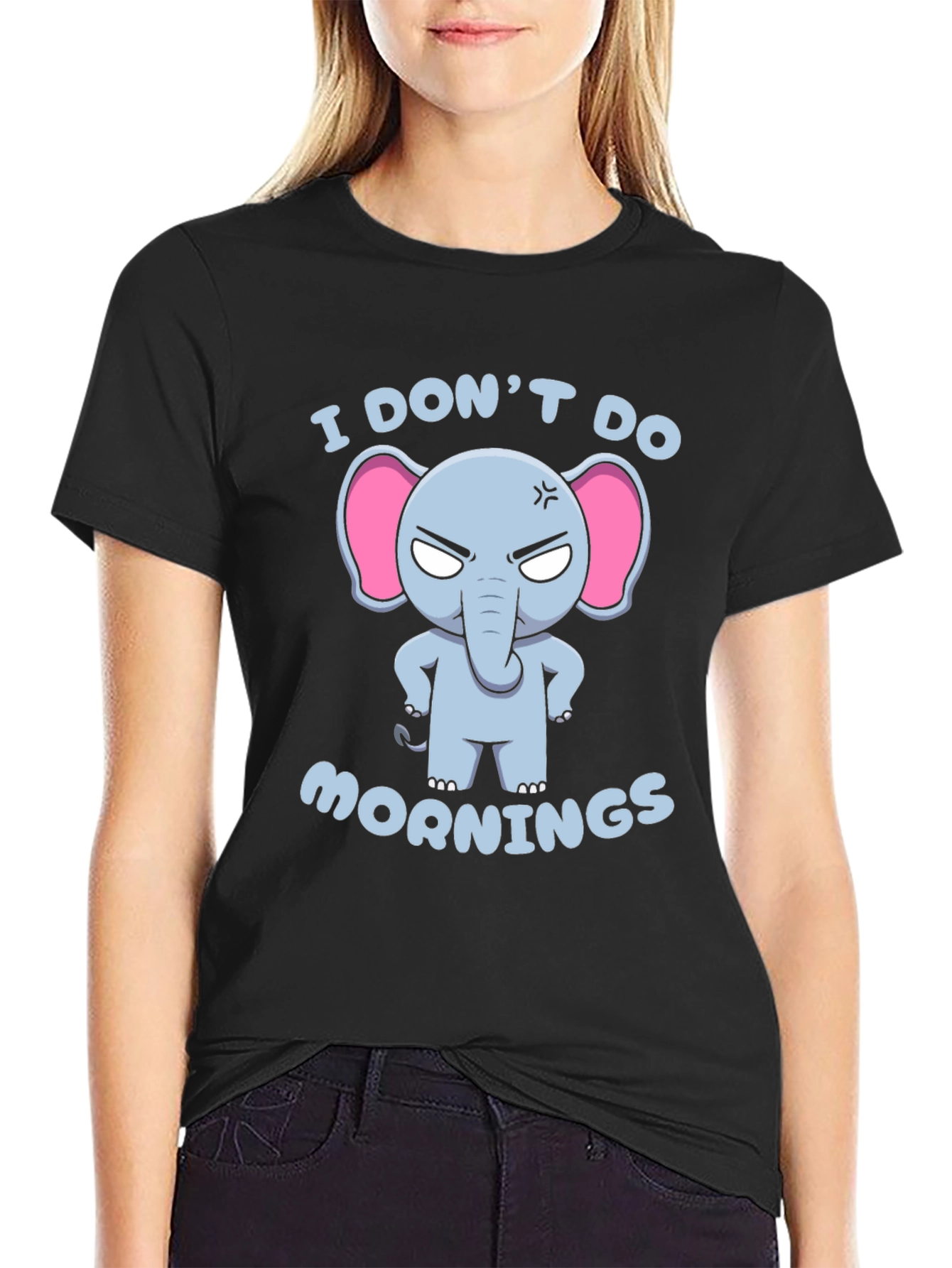 Black Funny Elephant Graphic T-Shirt - I Don't Do Mornings view 2