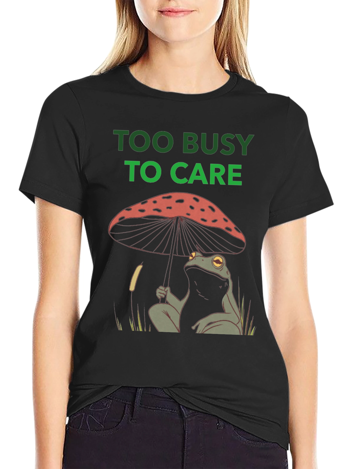 Black Too Busy to Care Frog Mushroom Graphic Tee view 2
