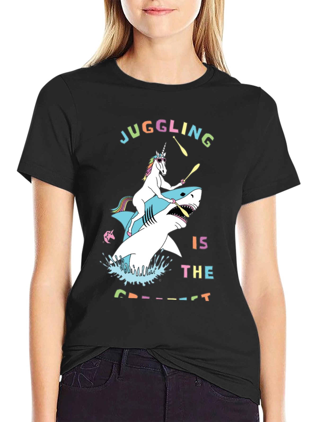 Black Juggling Unicorn Shark Graphic Tee view 2