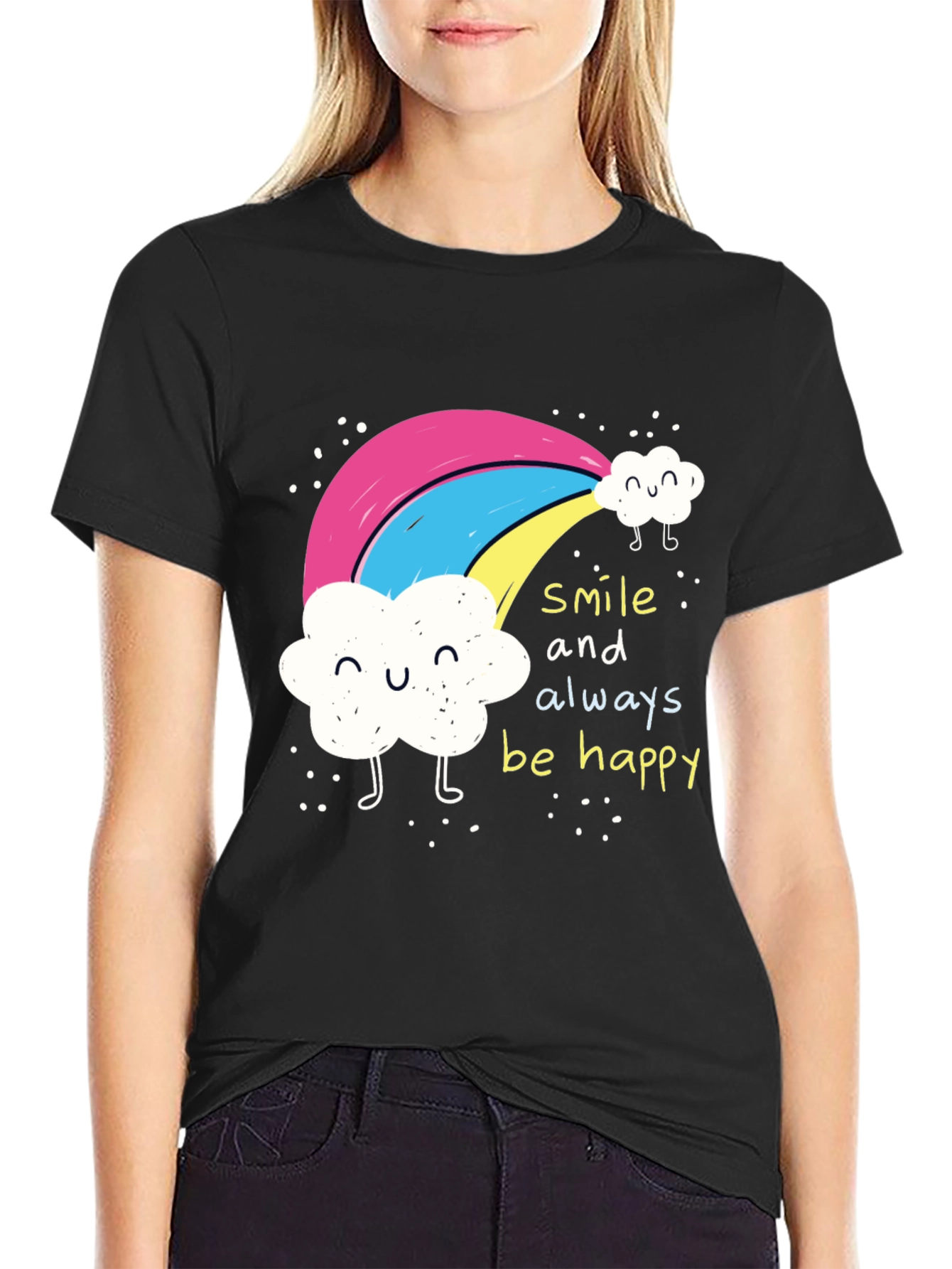 Black Smile Always Happy Rainbow Graphic Tee - Black view 2