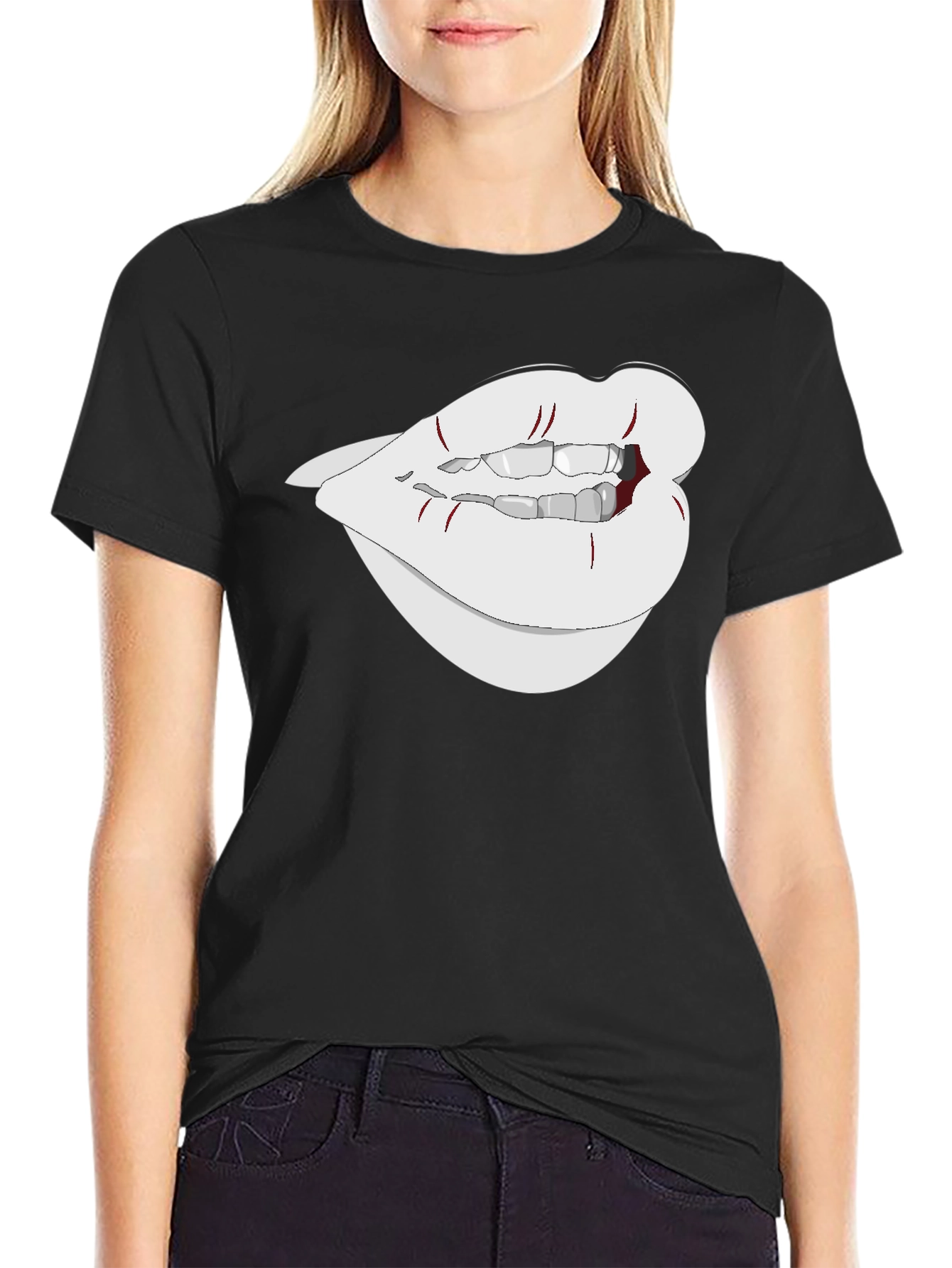 Black Graphic Lips Tee - Black Cotton Blend view 2
