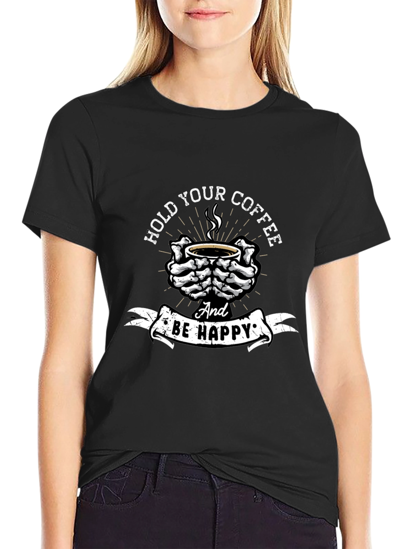 Black Hold Your Coffee T-Shirt - Skeleton Hands Graphic Tee view 2