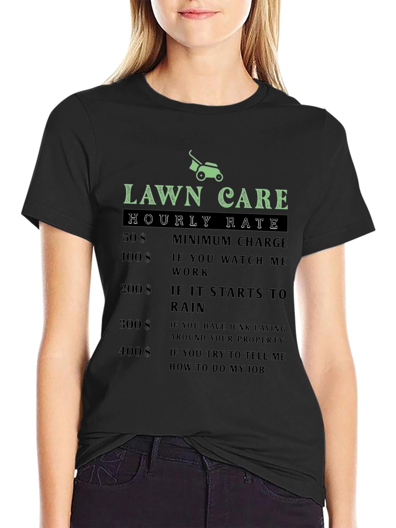 Black Lawn Care Hourly Rate Funny T-Shirt view 2