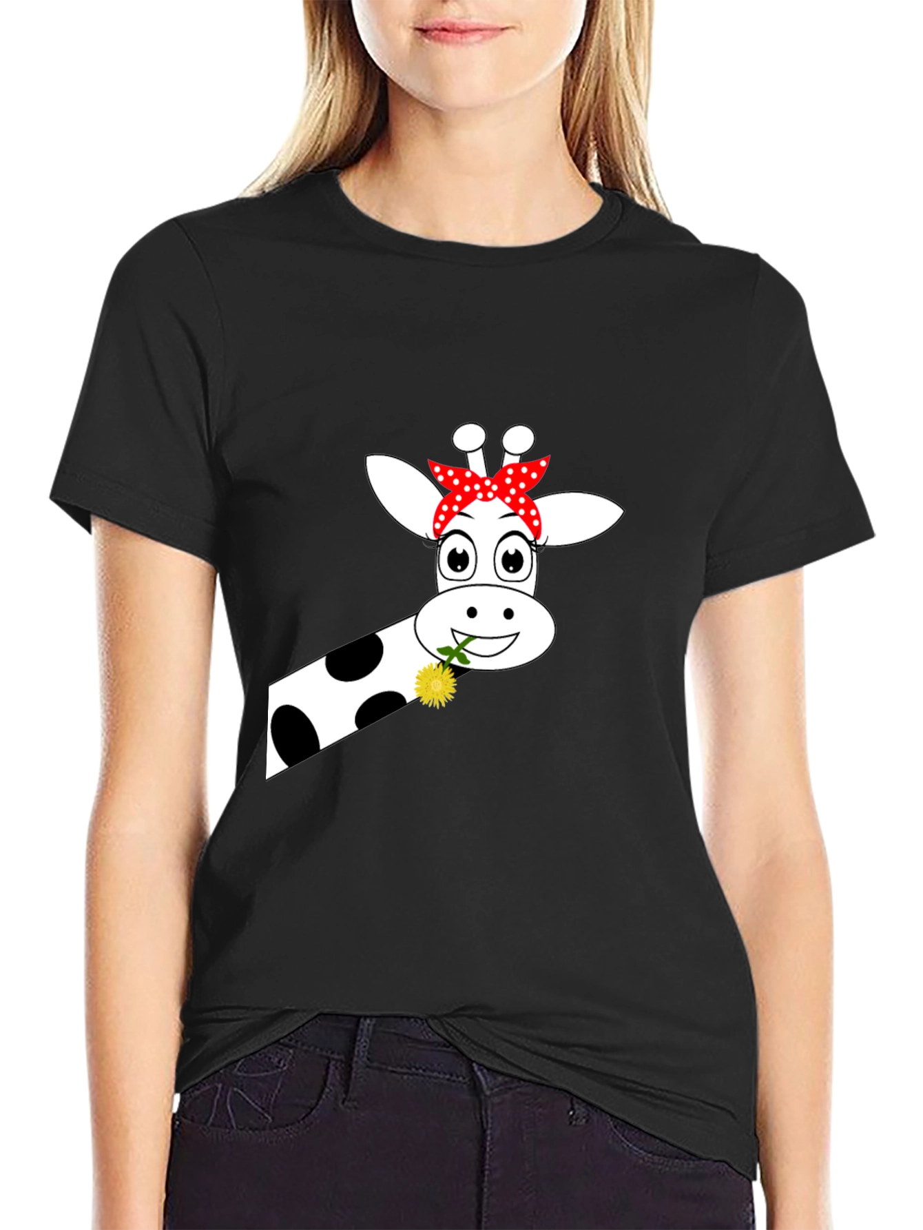 Black Giraffe with Flower Graphic Tee - Black view 2