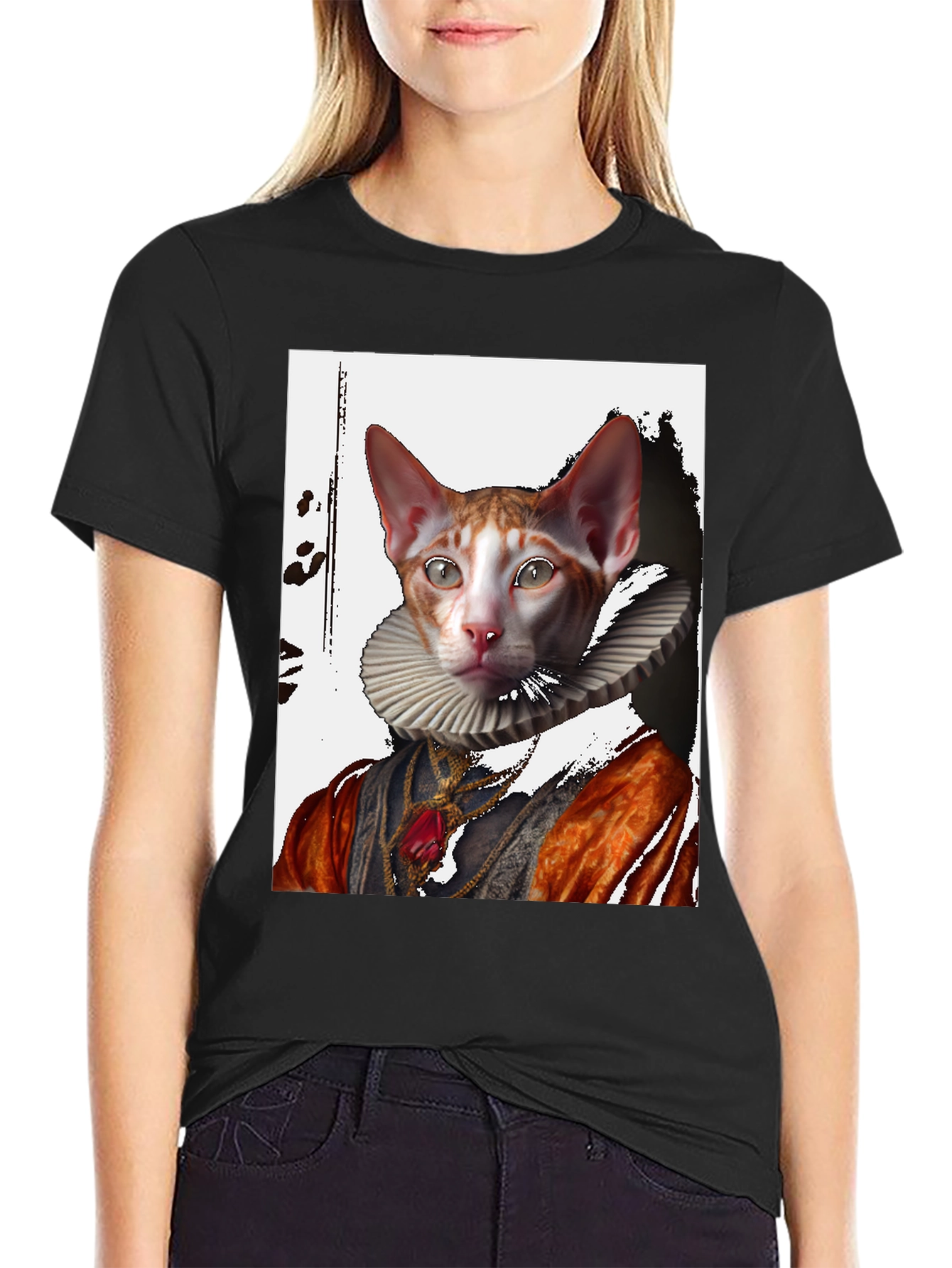 Black Royal Cat T-Shirt: Renaissance Pet Portrait Tee view 2