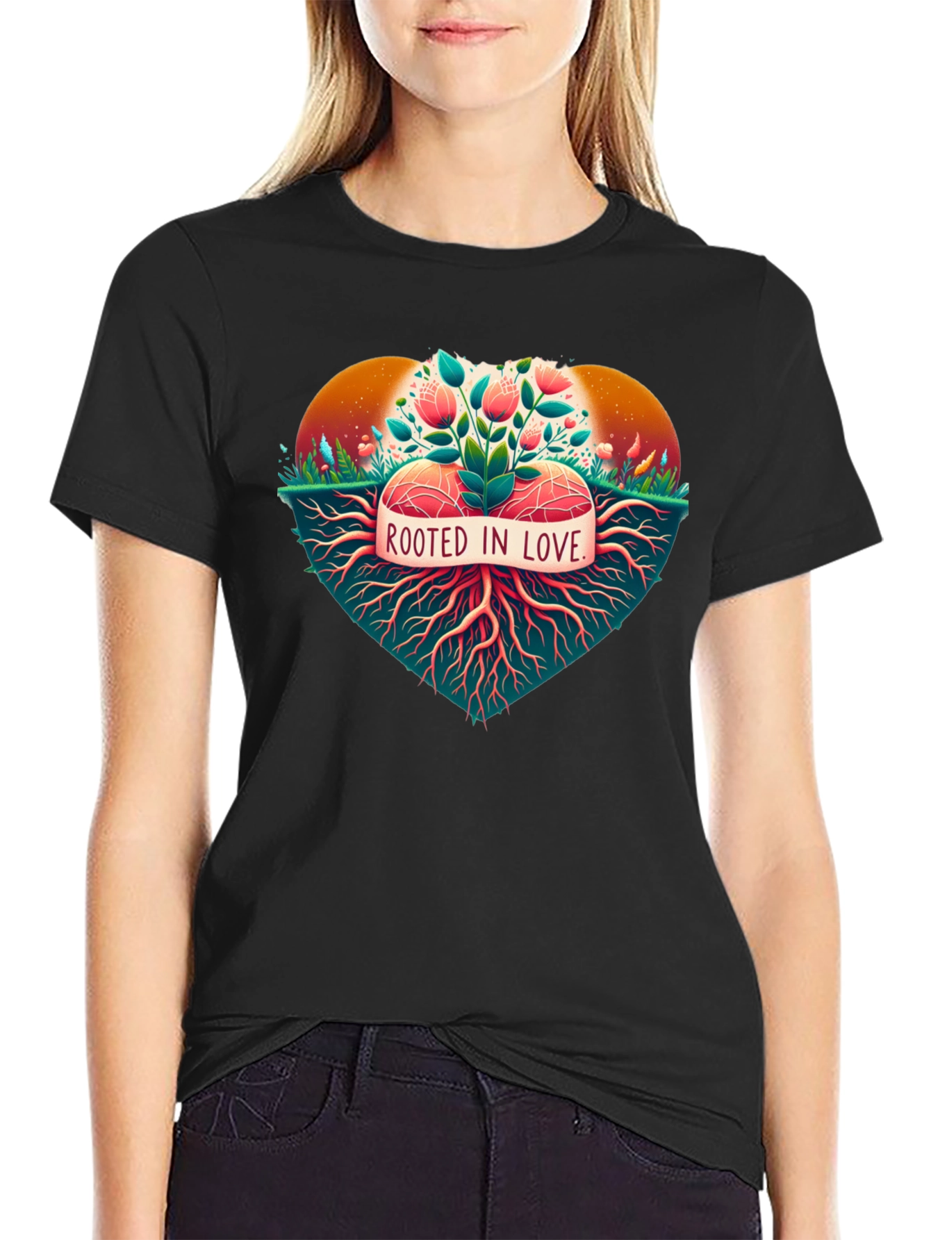 Black Rooted in Love Graphic Tee - Nature Heart Design view 2