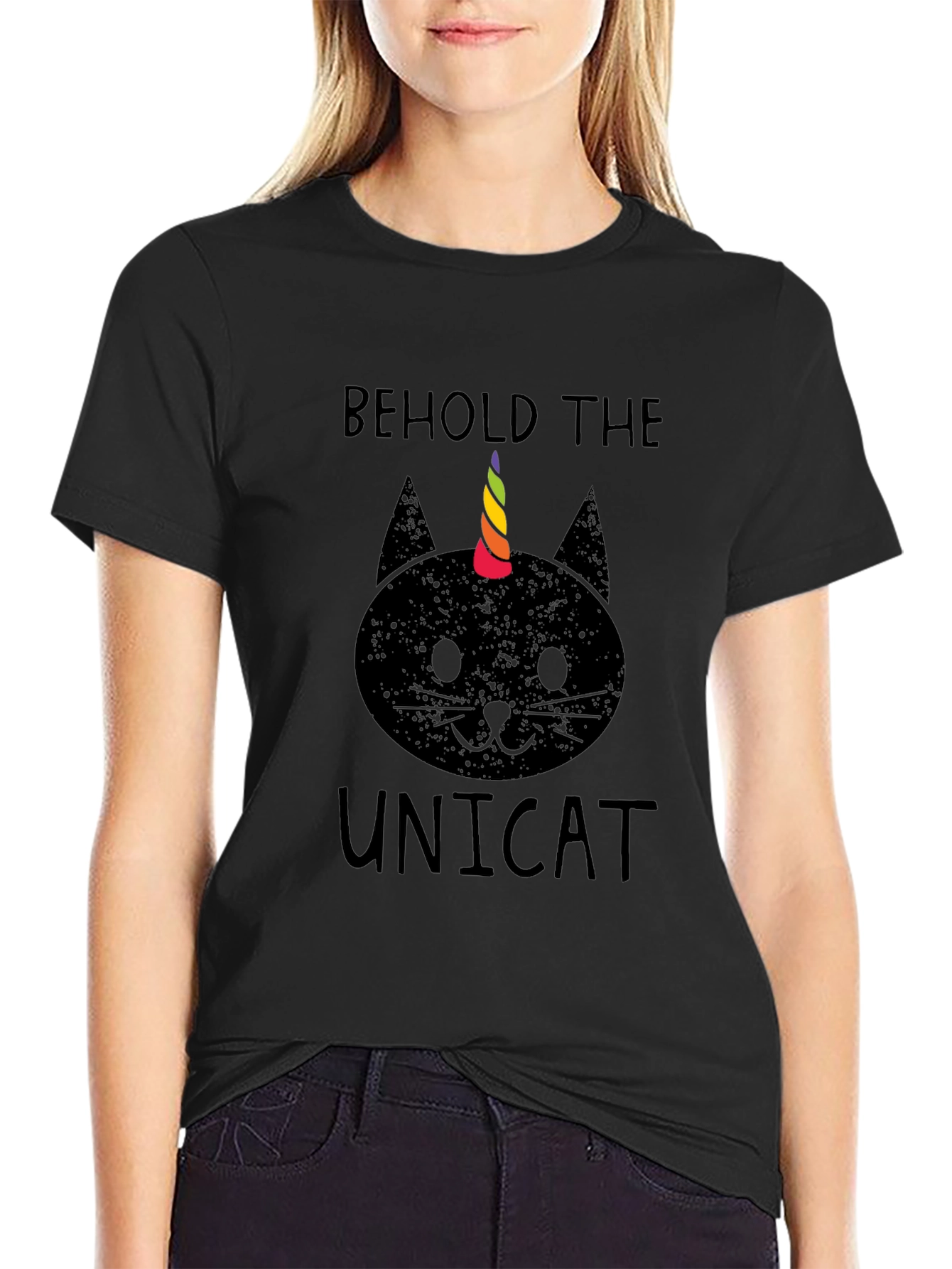 Black Behold the Unicat T-Shirt - Black Cotton Blend view 2