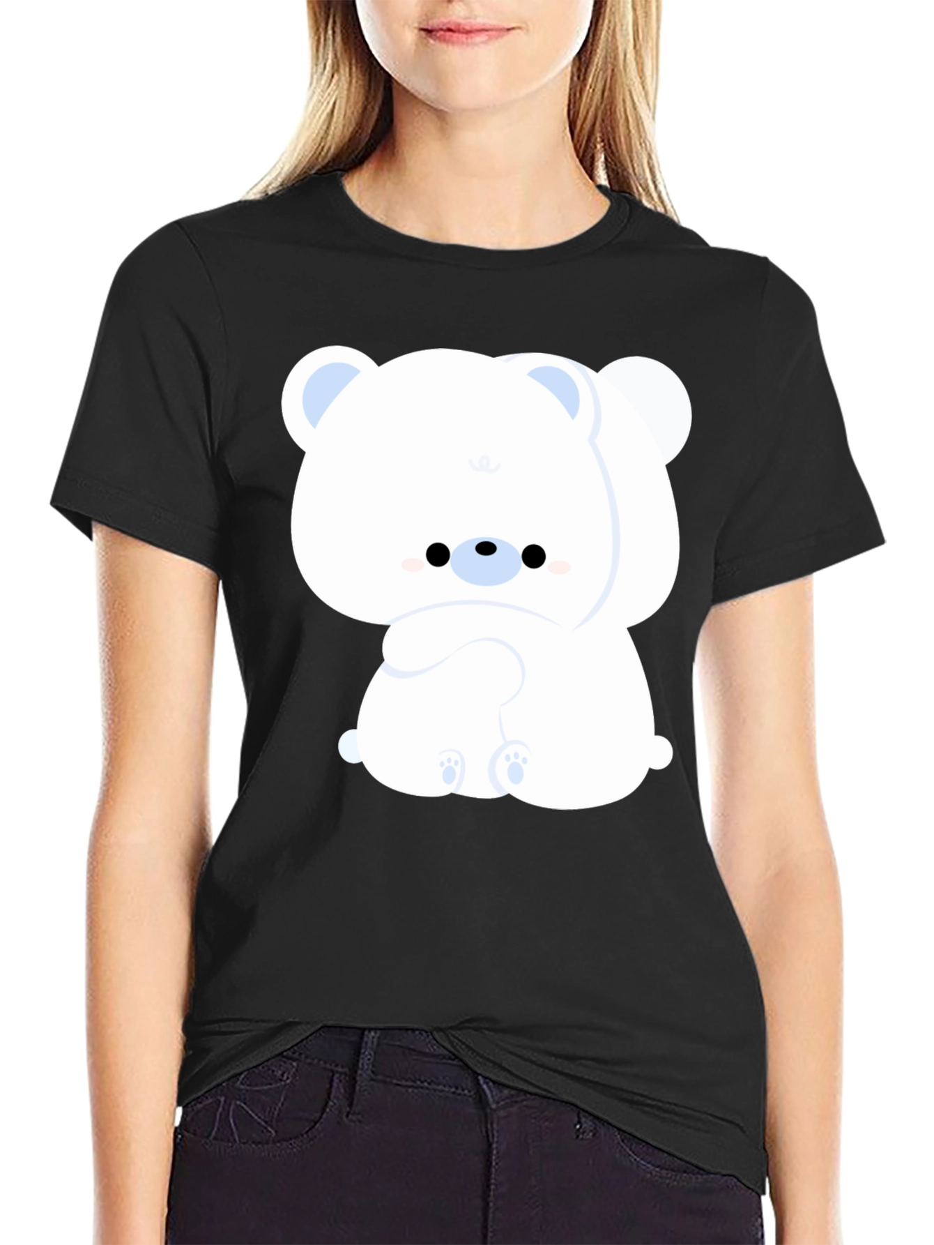Black Cute Bear Graphic Tee - Black Cotton Comfort view 2