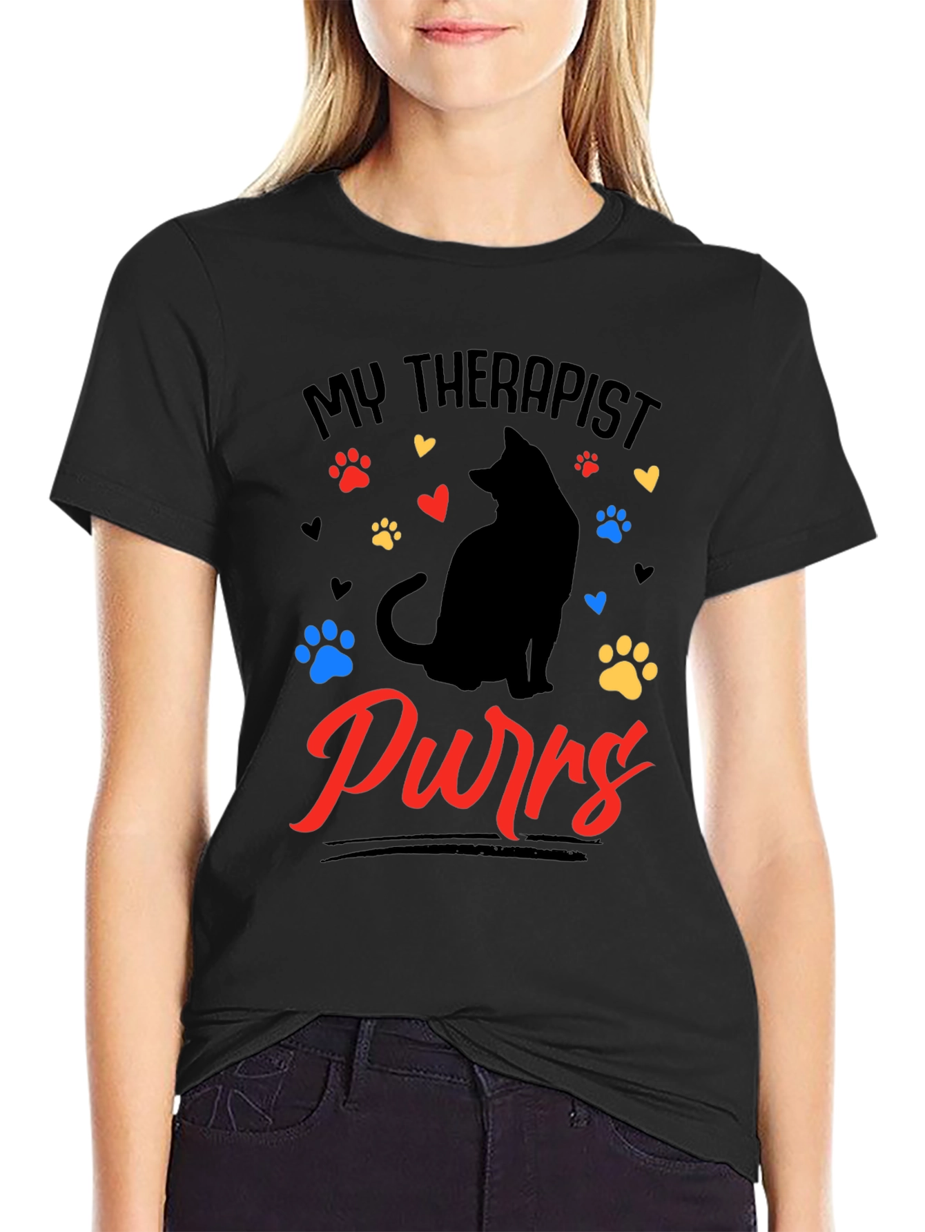 My Therapist Purrs Cat Lover Black T-Shirt - 2