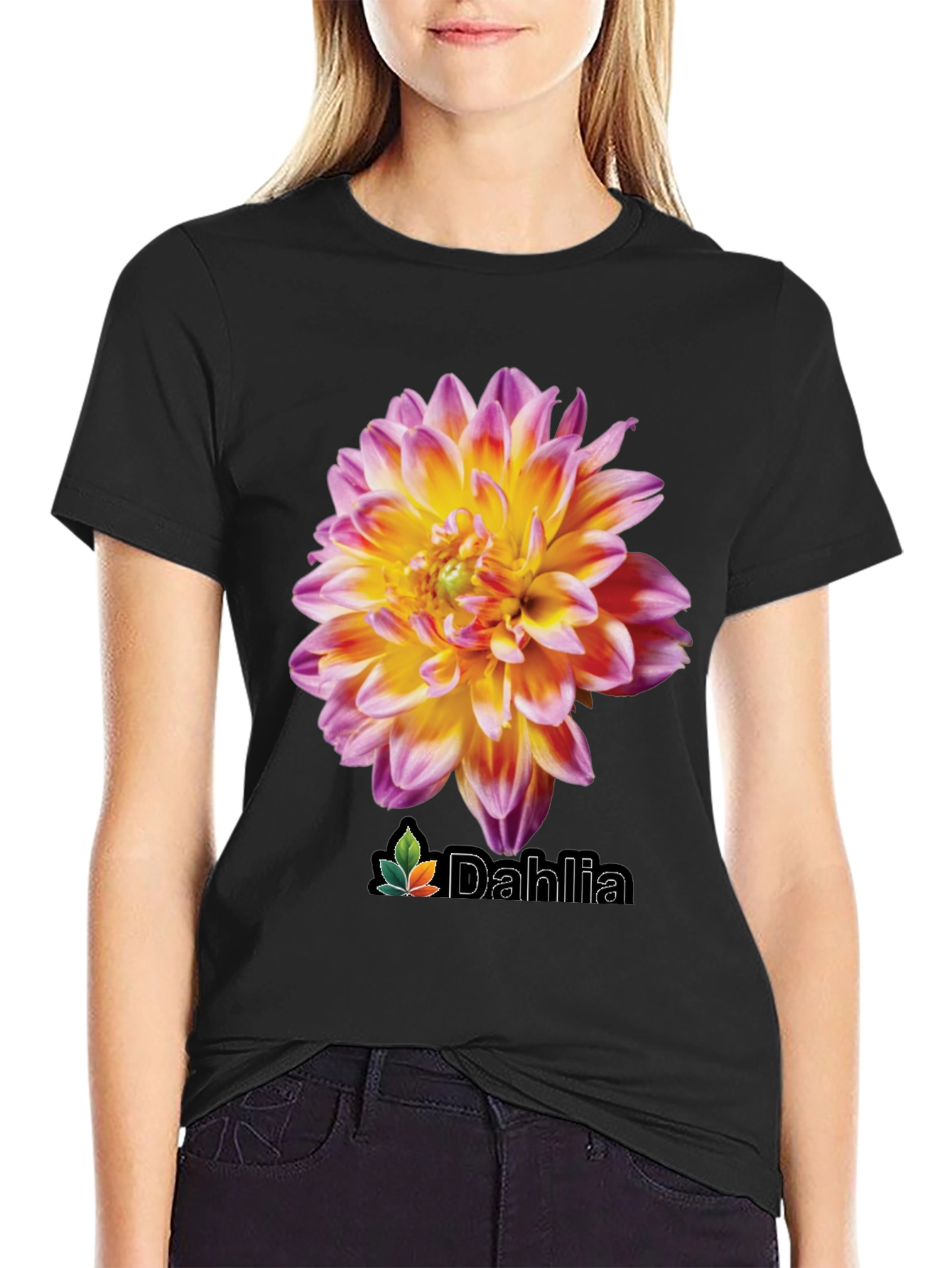 Black Dahlia Flower Graphic Black T-Shirt view 2