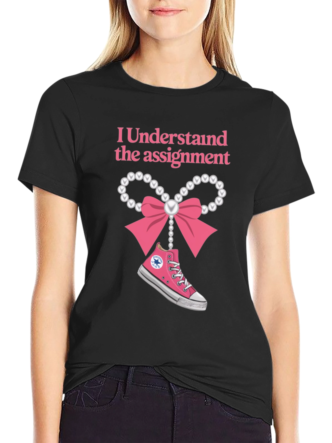 Black I Understand The Assignment Pink Bow T-Shirt view 2