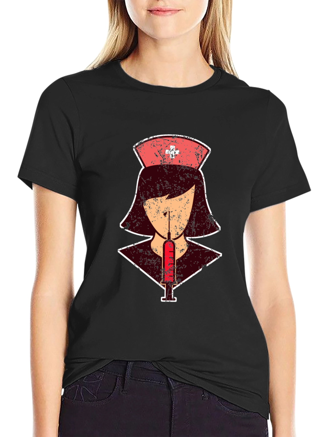 Black Nurse Syringe Graphic T-Shirt - Unisex Casual Tee view 2