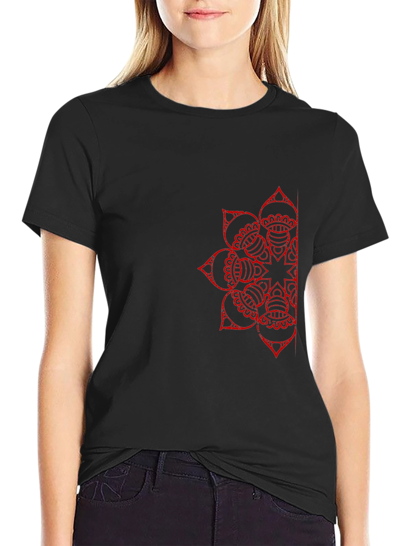 Black T-Shirt with Red Mandala Design - 2