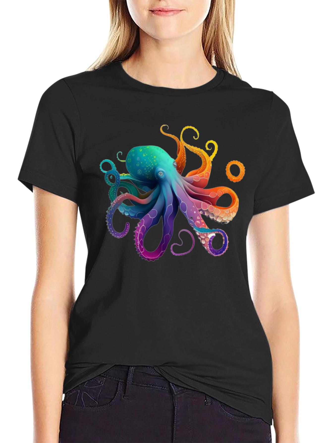Black Rainbow Octopus Graphic T-Shirt - Black Cotton Blend view 2