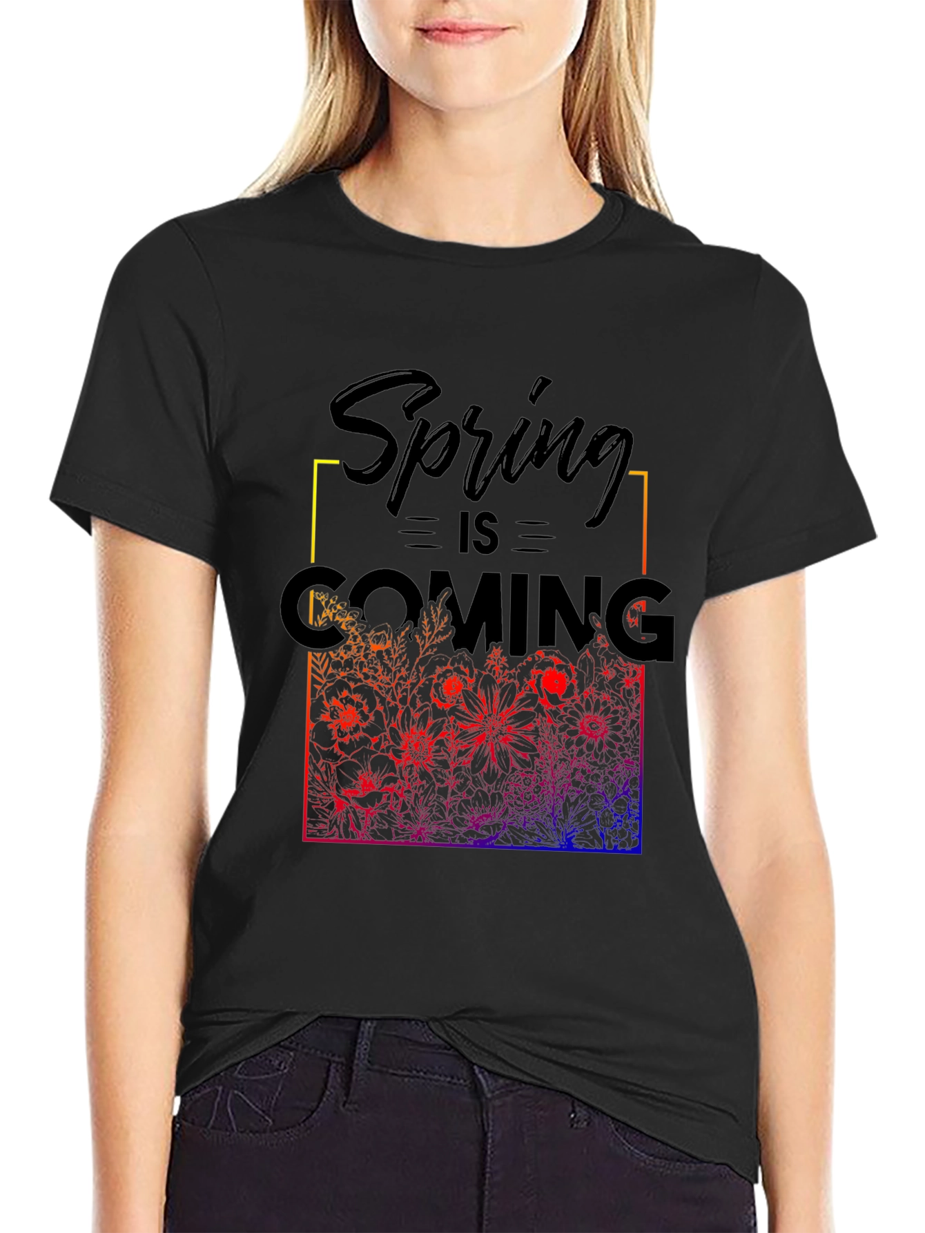 Black Spring is Coming T-Shirt - Floral Design view 2