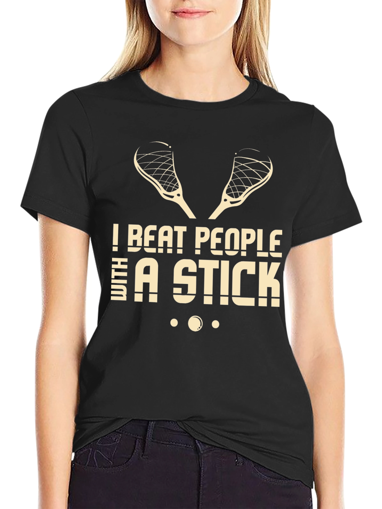 Black I Beat People With a Stick Lacrosse T-Shirt view 2