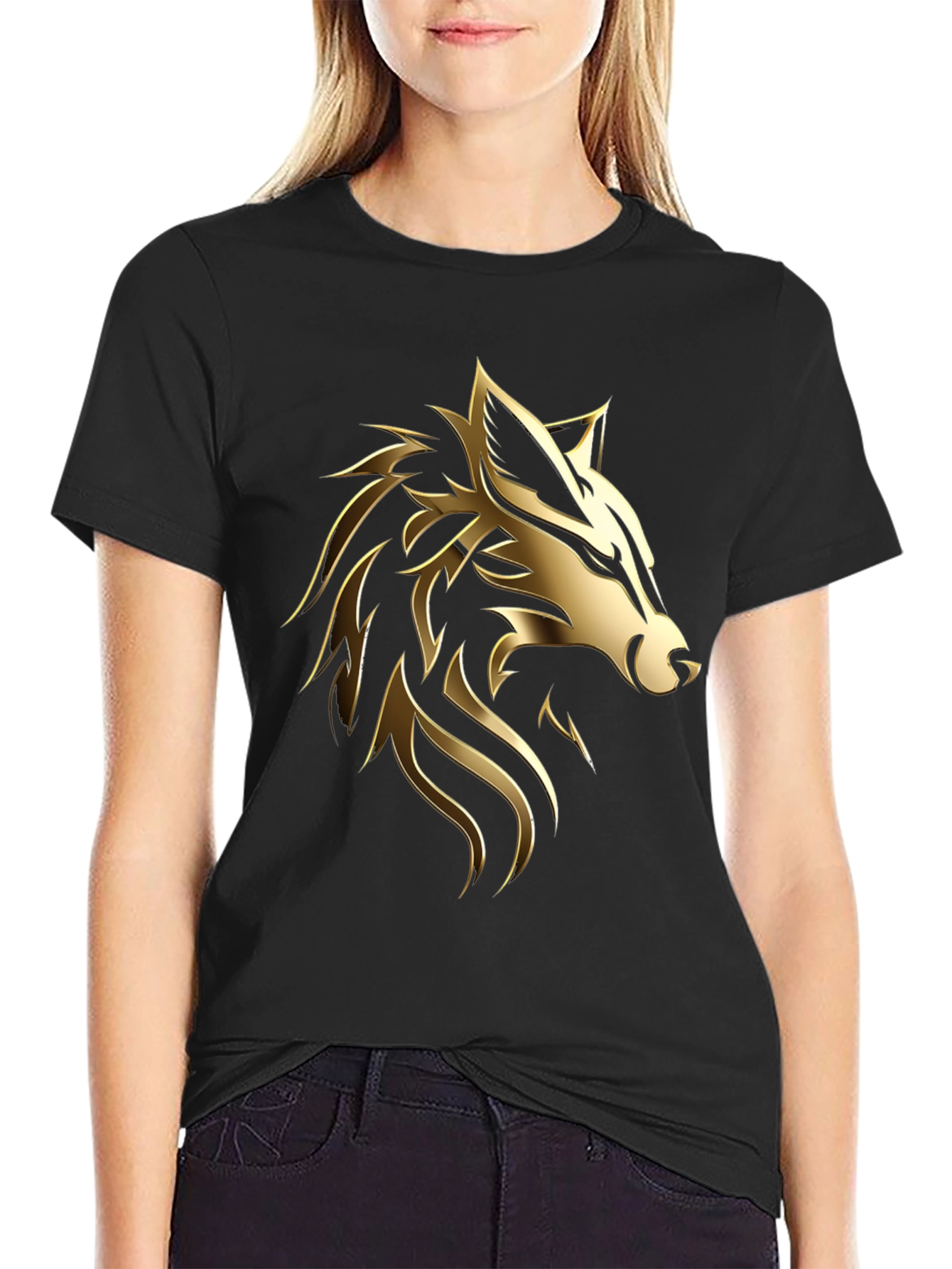 Black Bold Golden Wolf Graphic Black T-Shirt view 2