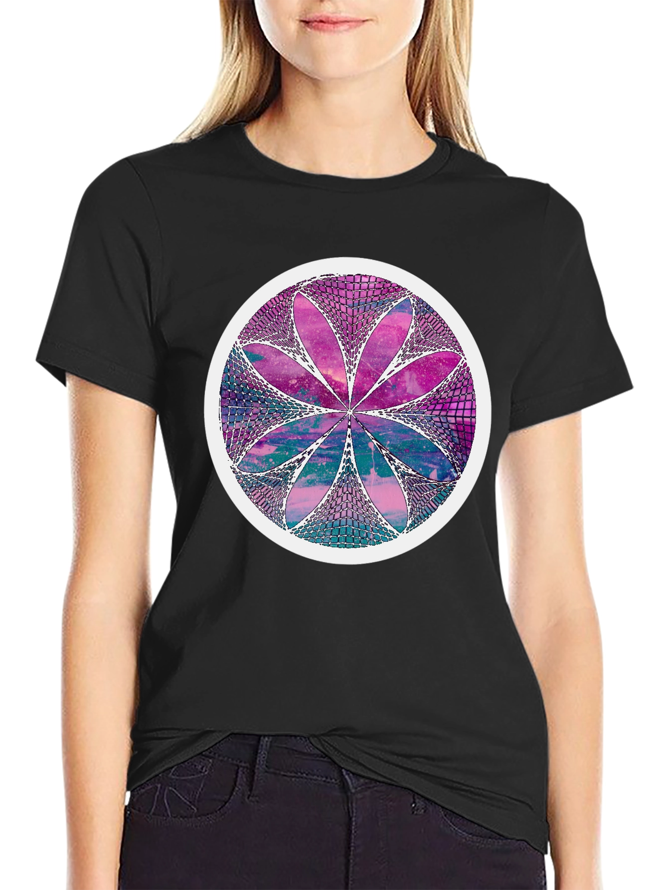 Black Abstract Flower Graphic Print T-Shirt view 2
