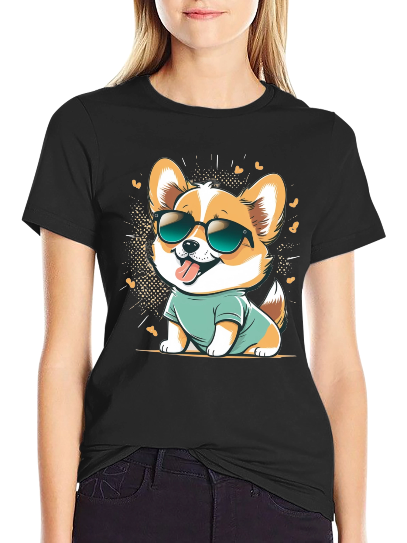 Black Cool Corgi Cartoon Graphic Tee - Black Cotton T-Shirt view 2
