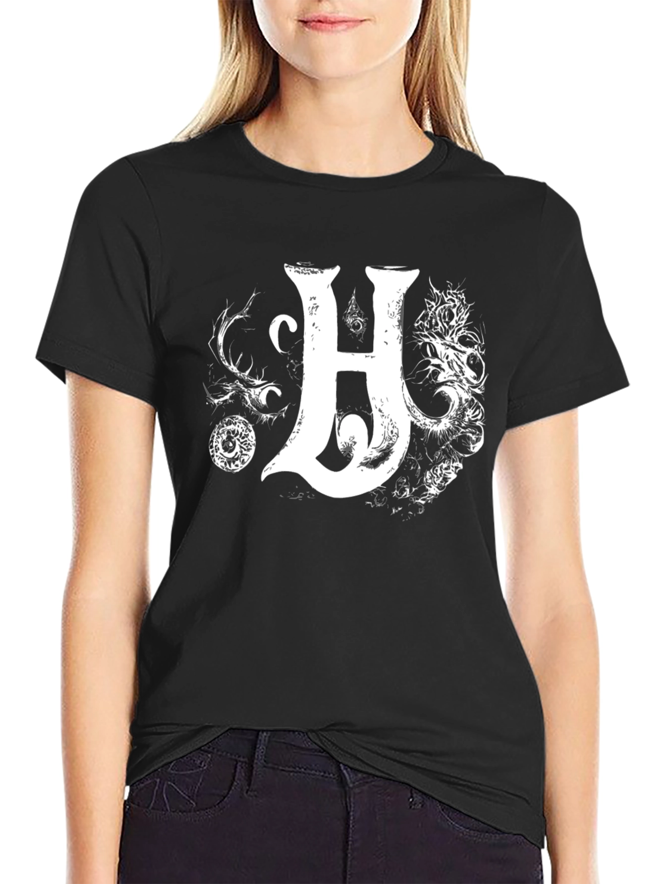 Black Men's Black T-Shirt with Intricate Letter H Design view 2