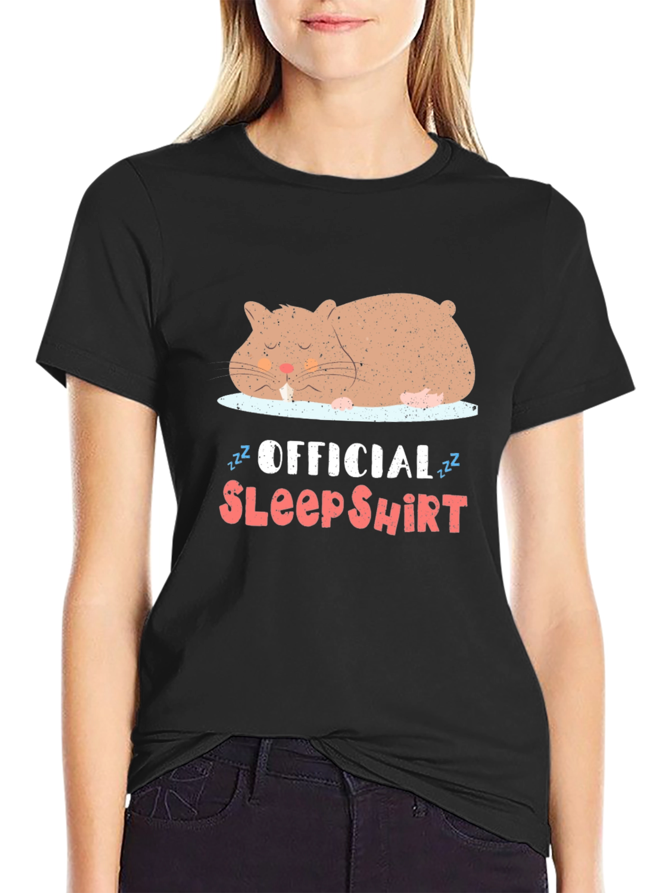 Black Funny Sleeping Hamster Official Sleep Shirt - Black Tee view 2