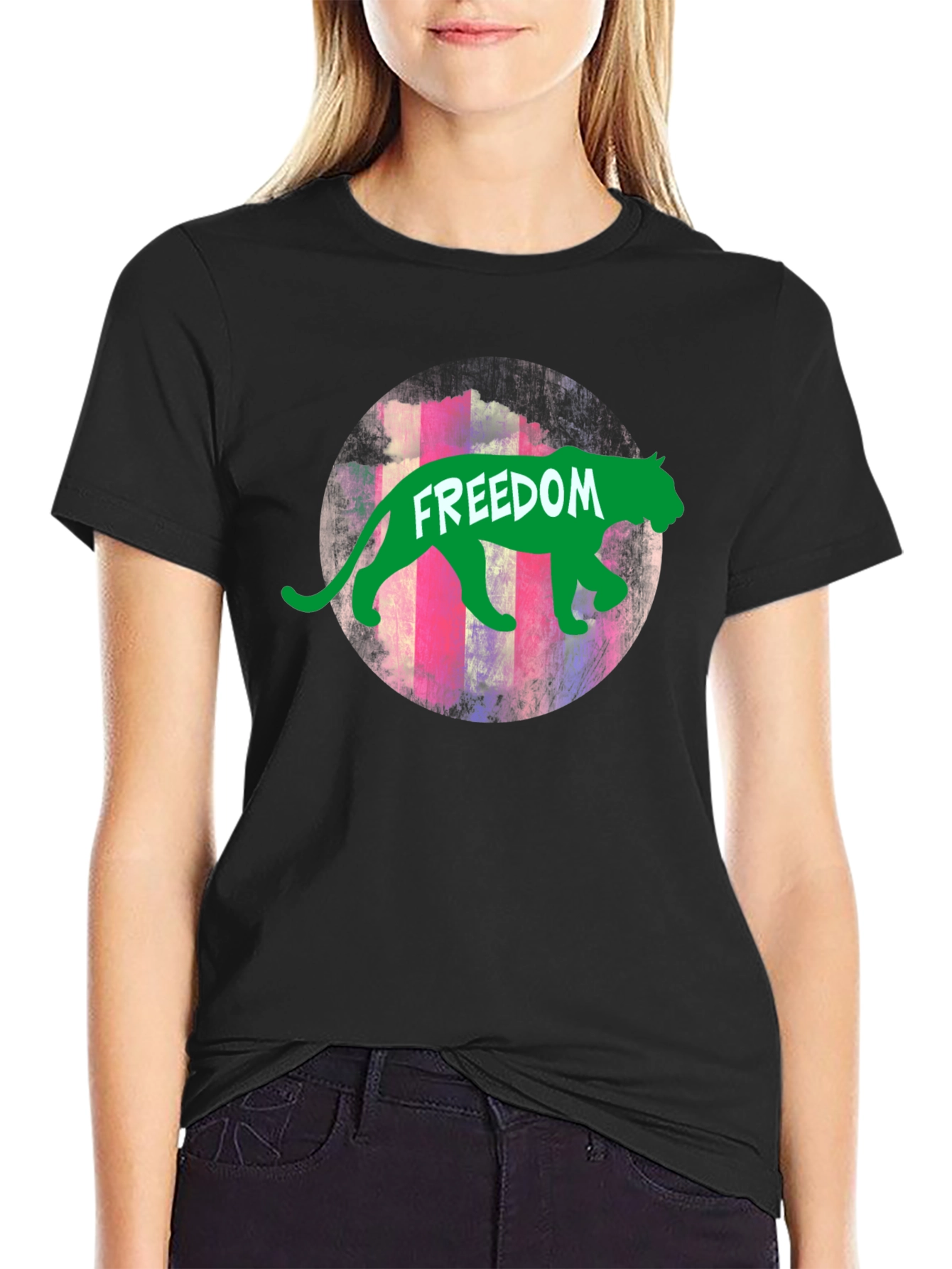Black Freedom Graphic Tee - Green Panther view 2