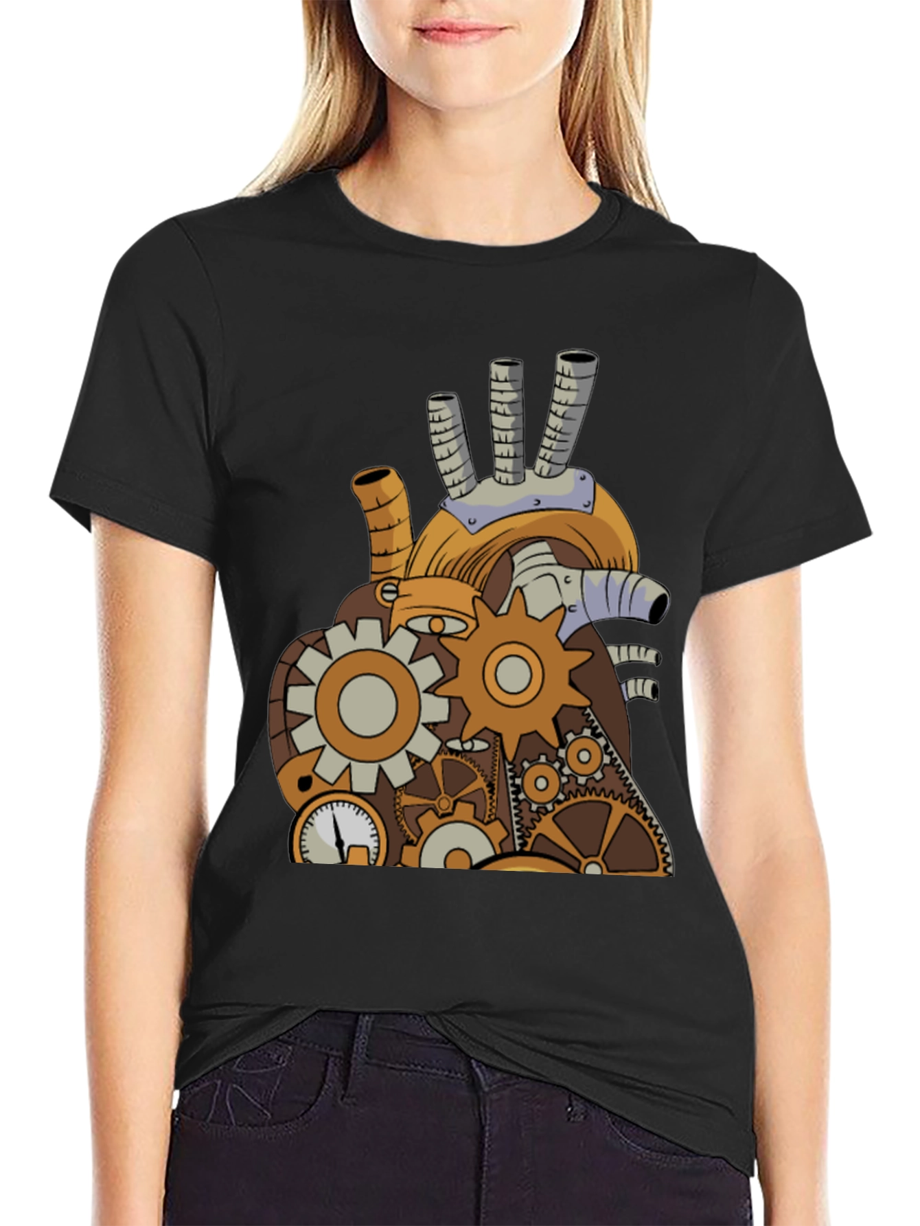 Black Steampunk Mechanical Heart Graphic Tee - Black view 2